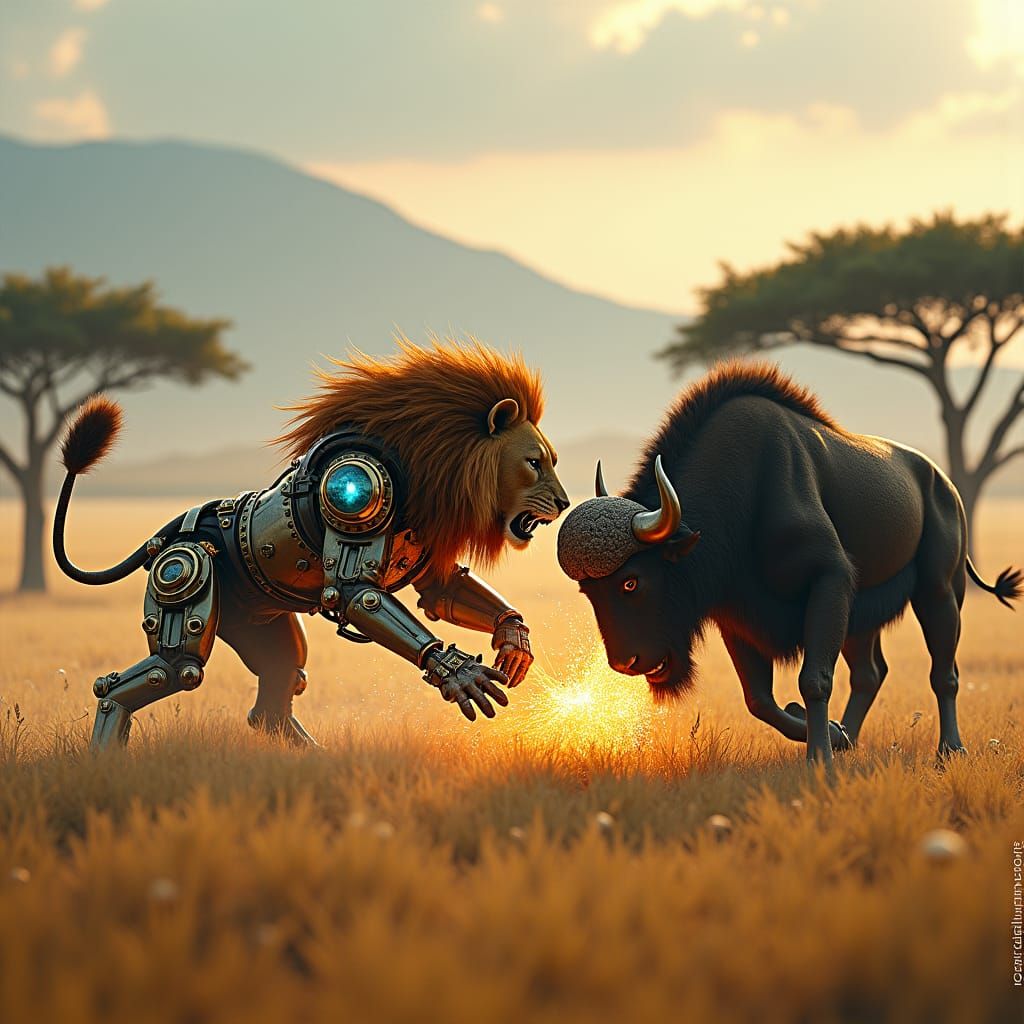 Steampunk Lion vs Buffalo in Savanna Showdown
