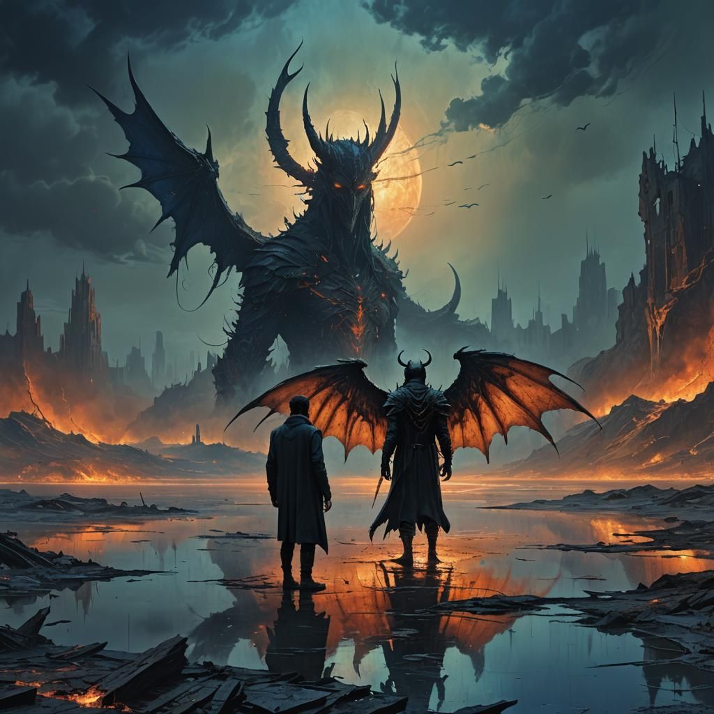 Lucifer's Regret: A Dark Fantasy Landscape in Beksiński Styl...