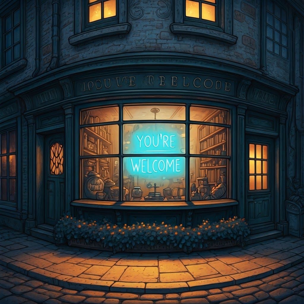 Charming Antique Shop Illustration with Neon Sign