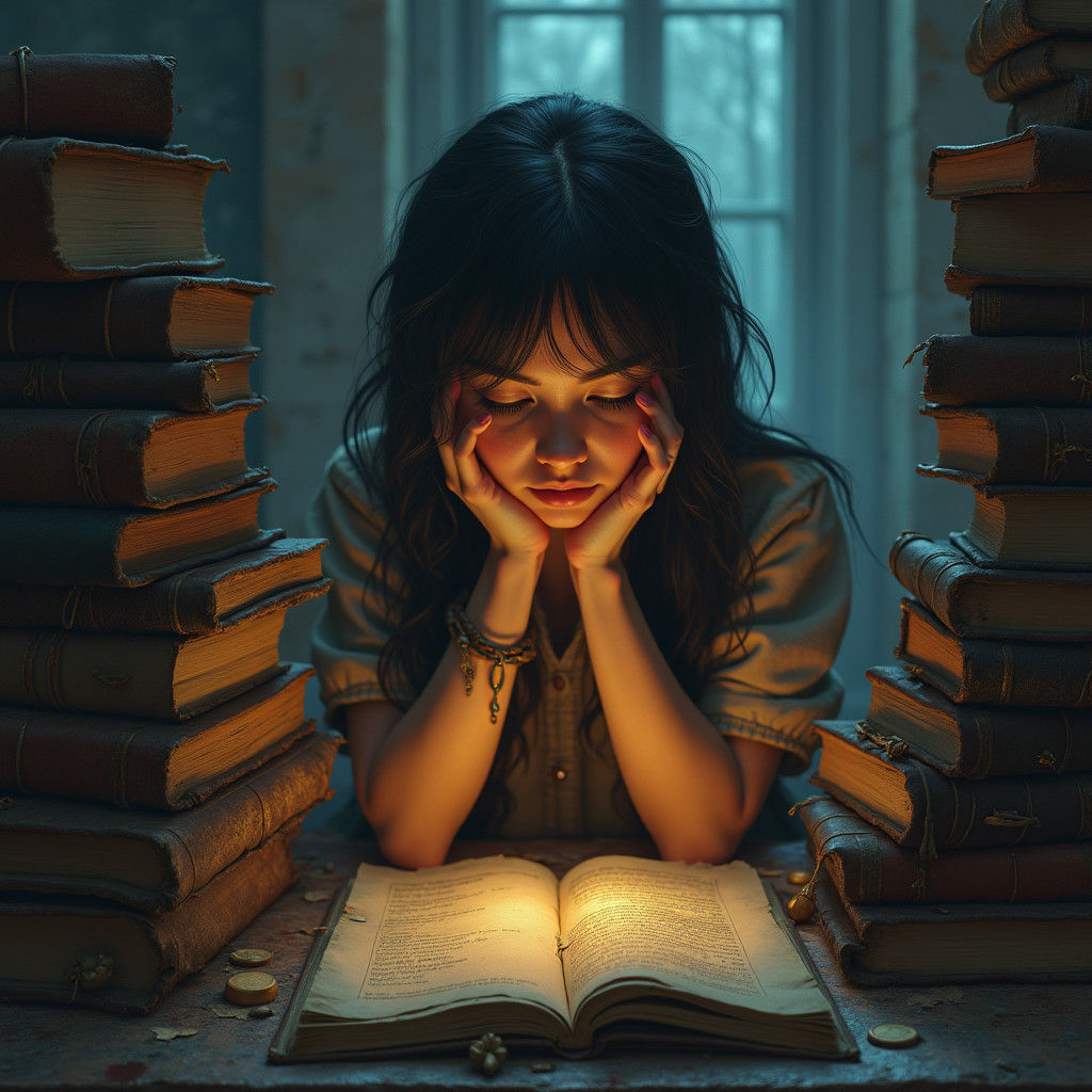 Contemplative Woman Amidst Ancient Tomes: Fantasy Art