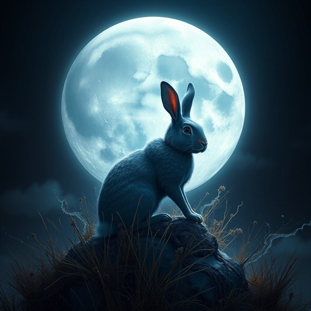 Surreal Moonlit Landscape with Fantastical Rabbit Silhouette