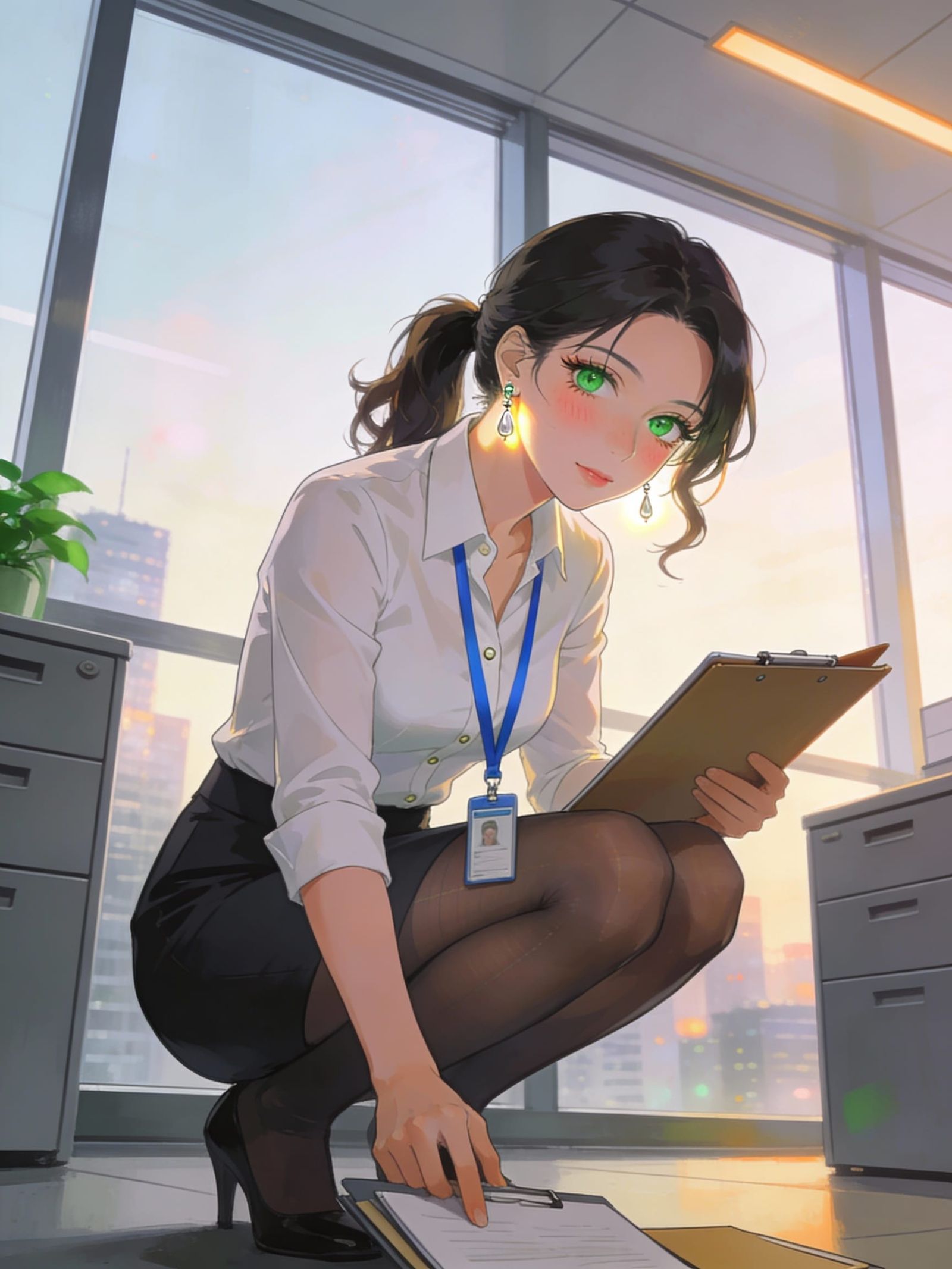 Professional Woman in Modern Office with Green Eyes