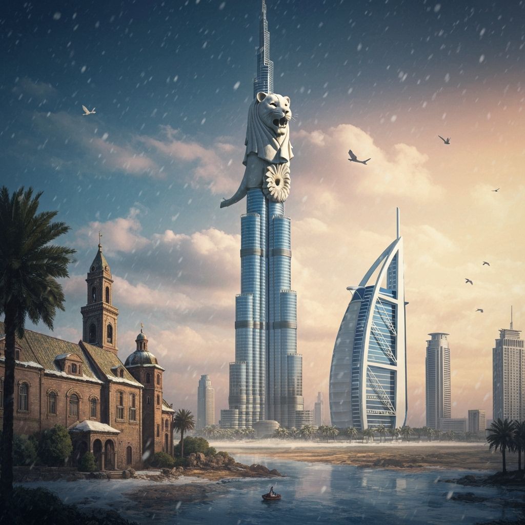 Merlion atop Burj Khalifa in Snowy Fantasy Landscape