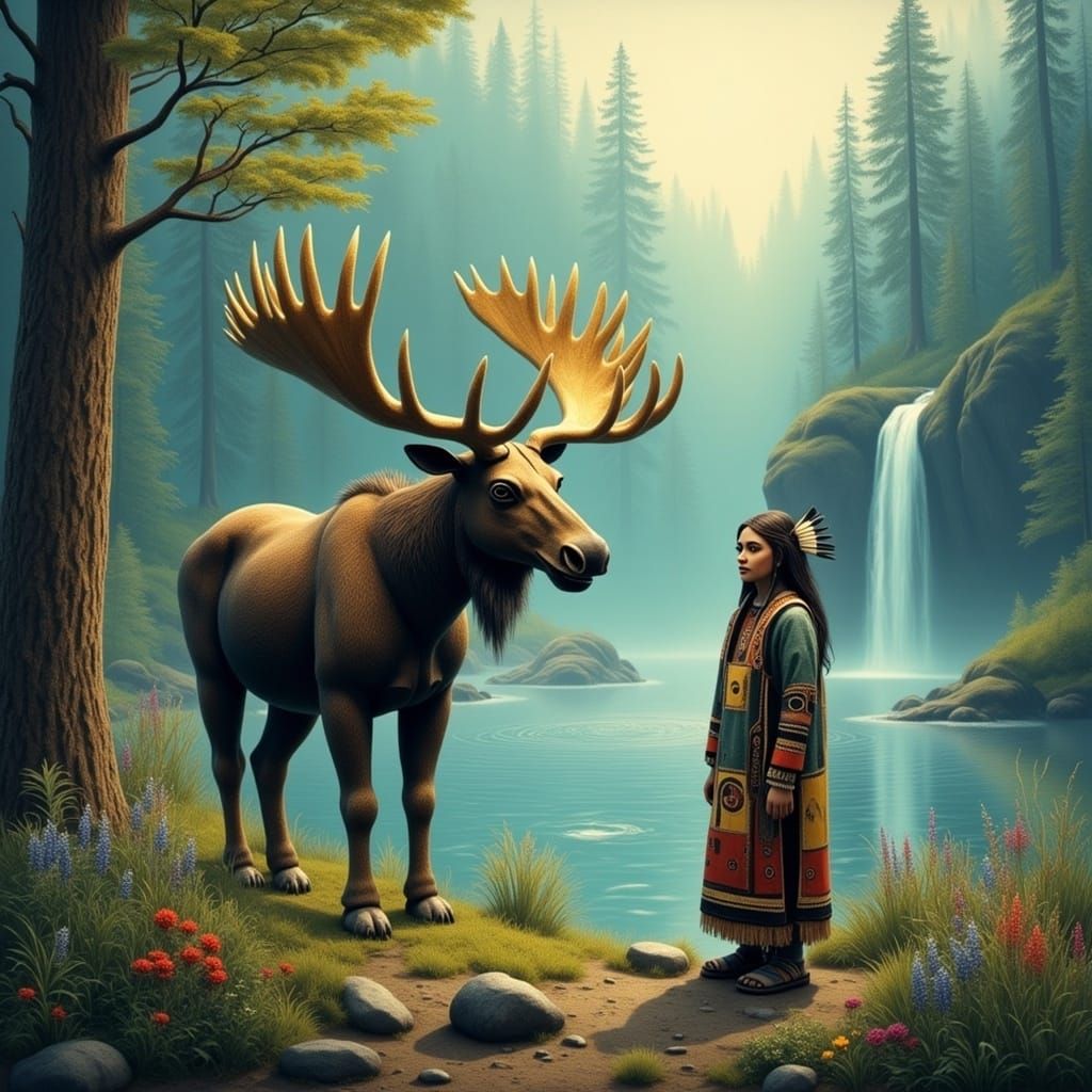 <lora:DUBUFFET DOLLZ:1.0> A moose and a native girl by the r...