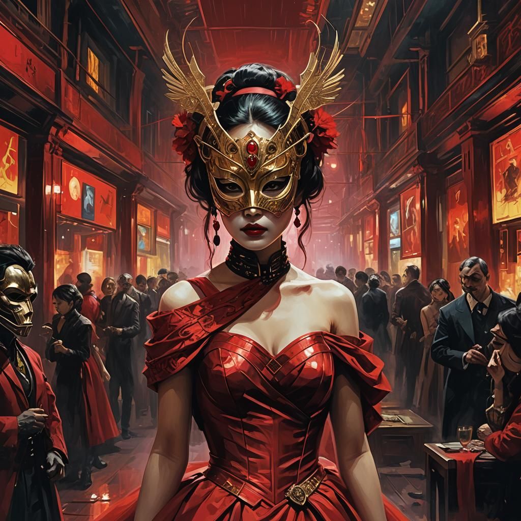 Asian Cyberpunk Masquerade Ball in Dystopian Future