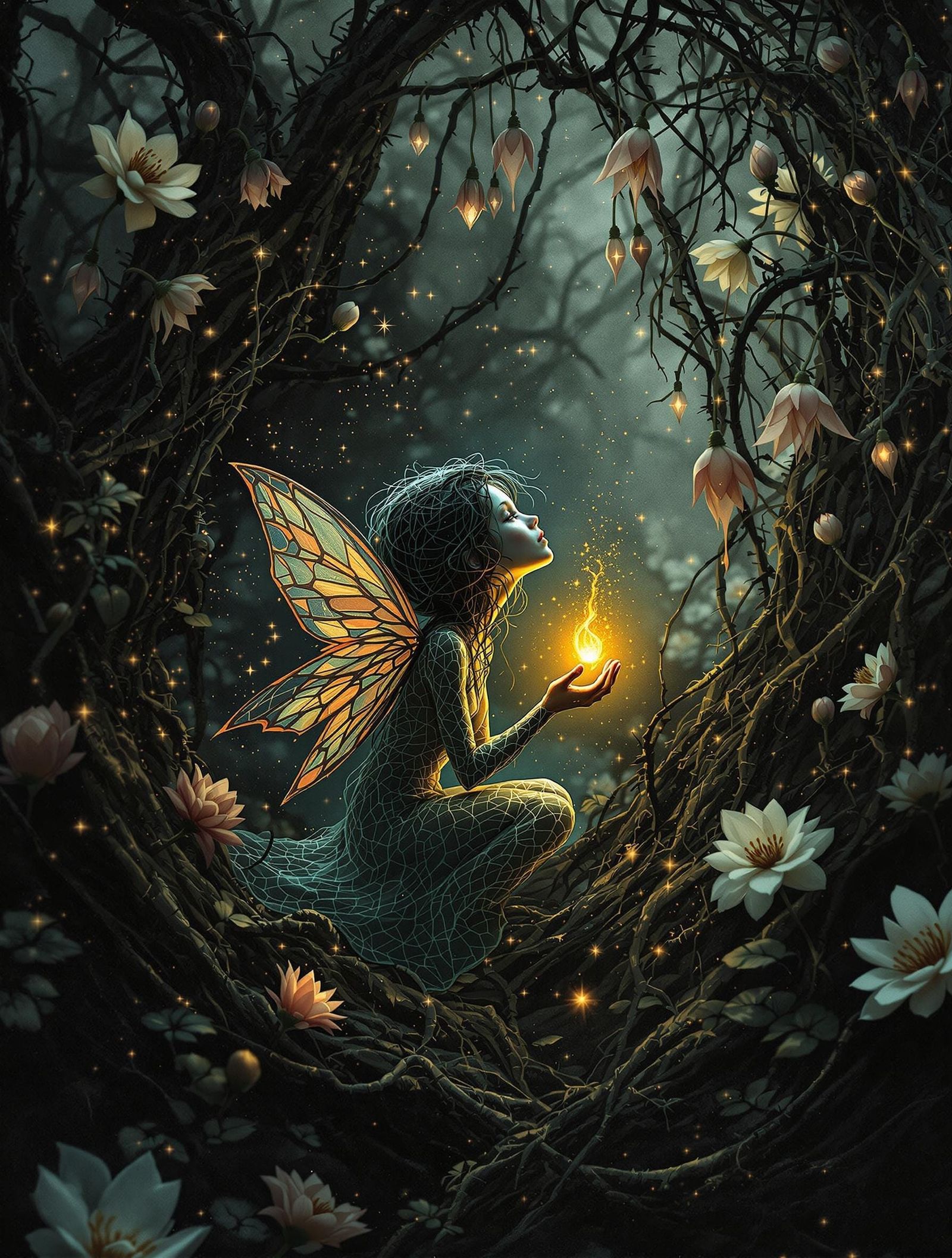 Whispering Fairy in Carbon Dust on Smoked Glass