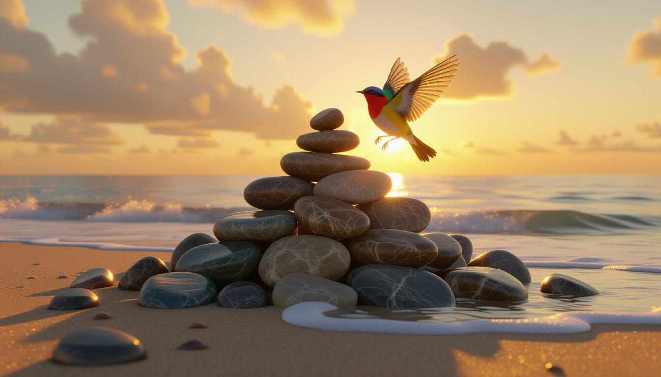 Precarious Stone Pyramid and Dancing Bird at Sunset