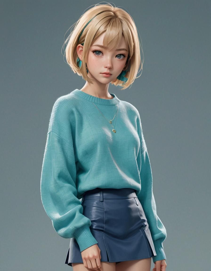 woman with blond bob cut hair in a cyan sweater and a blue mini skirt