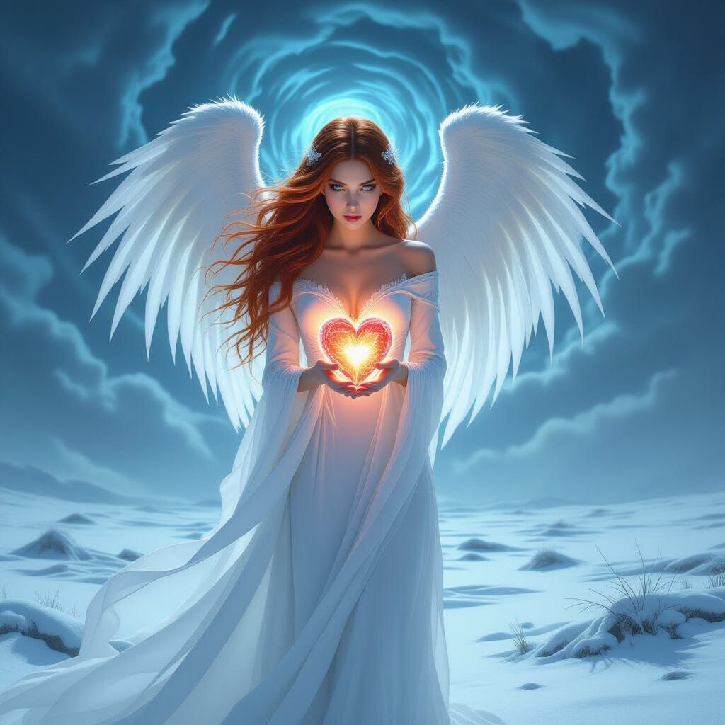 Ethereal Angel in Snow Landscape as Digital Painting