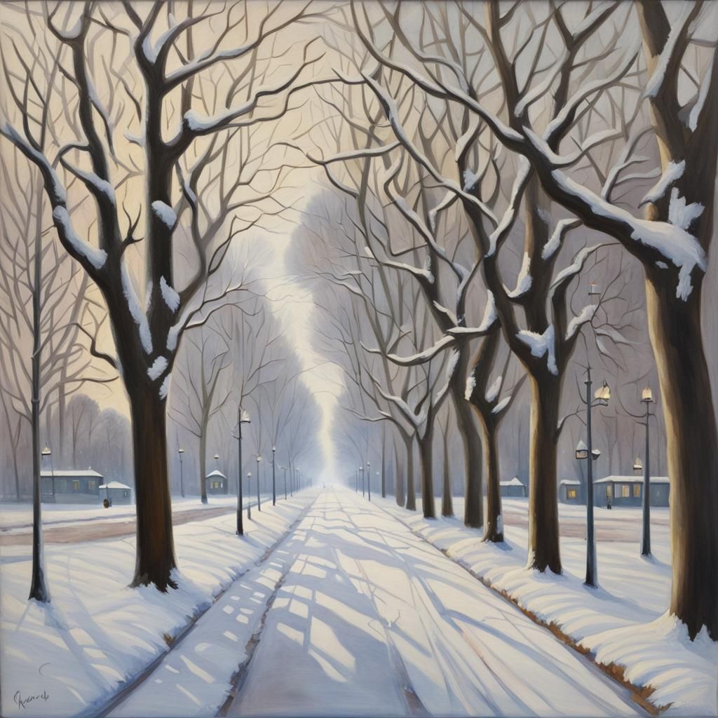 Realistic Winter Scene with Snow-Lined Boulevard