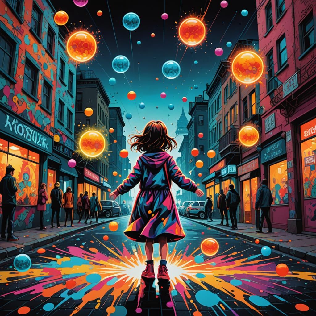 Girl Juggles Shifting 6 and 7 Orbs in Surreal City Square