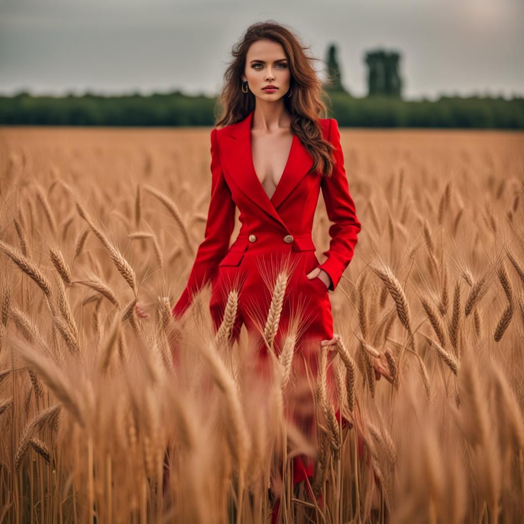 Brunette Woman in Red Suit Fashion Shoot