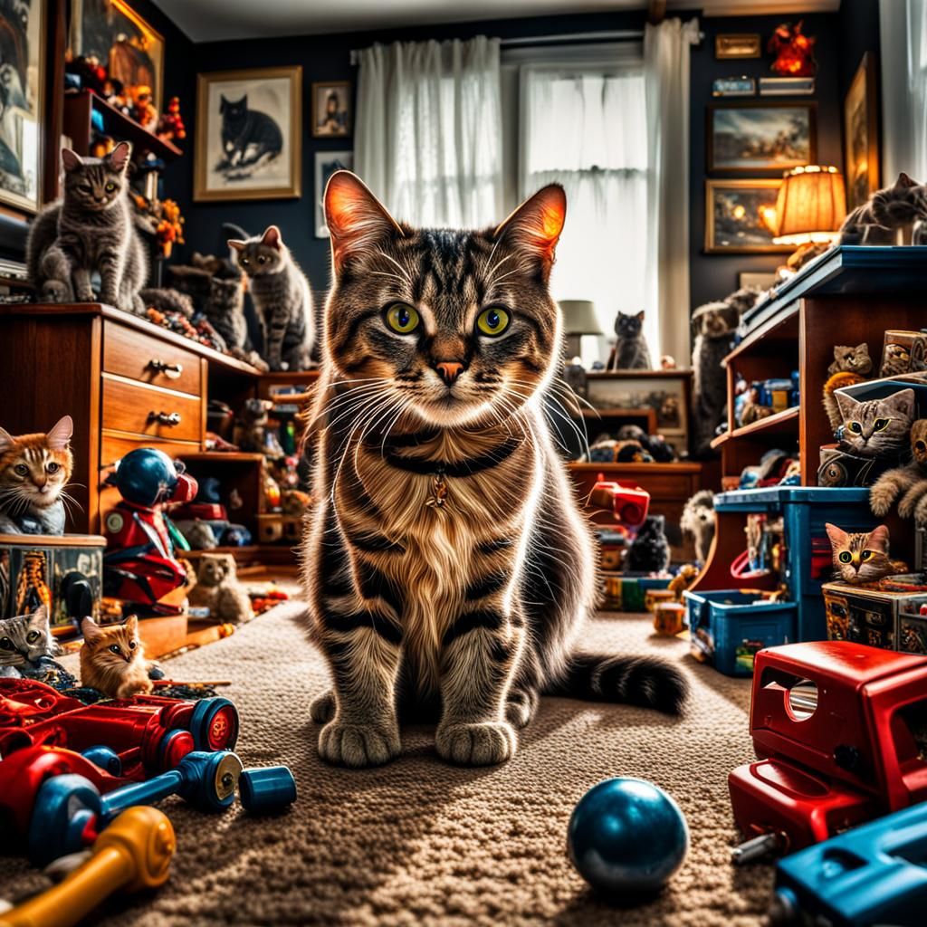Cat Hiding Among Toys in Boy's Room