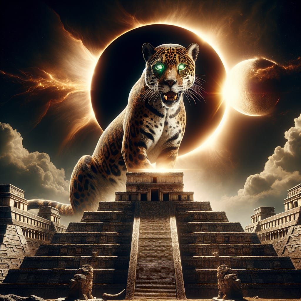 Jaguar Guardian Overlooks Aztec Temple During Solar Eclipse
