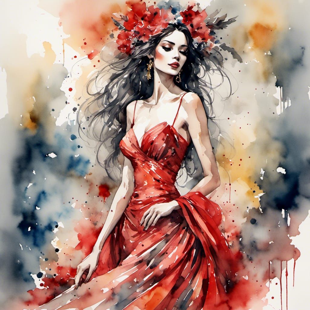 Exotic Woman in Red Dress: Antique Watercolor Art
