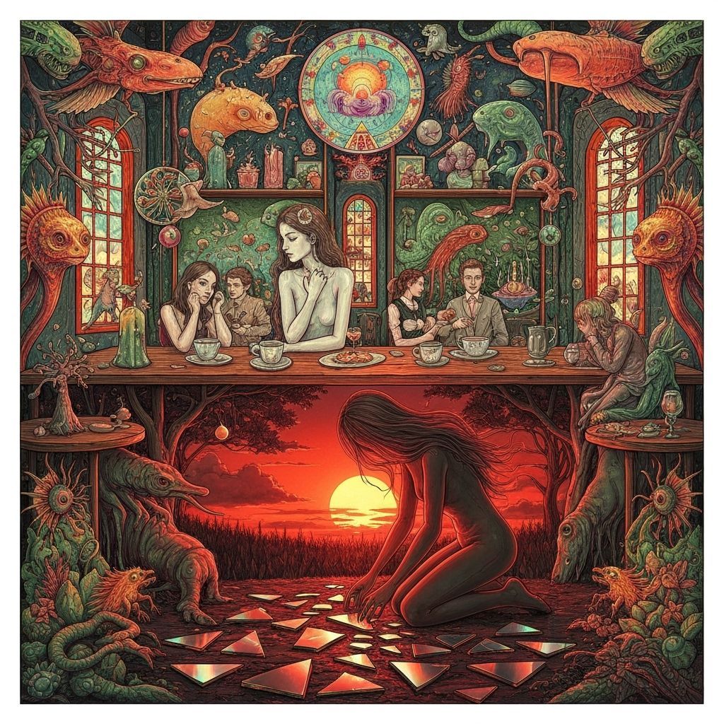 Surreal Cafe Scene with Psychedelic Art and Sacred Geometry