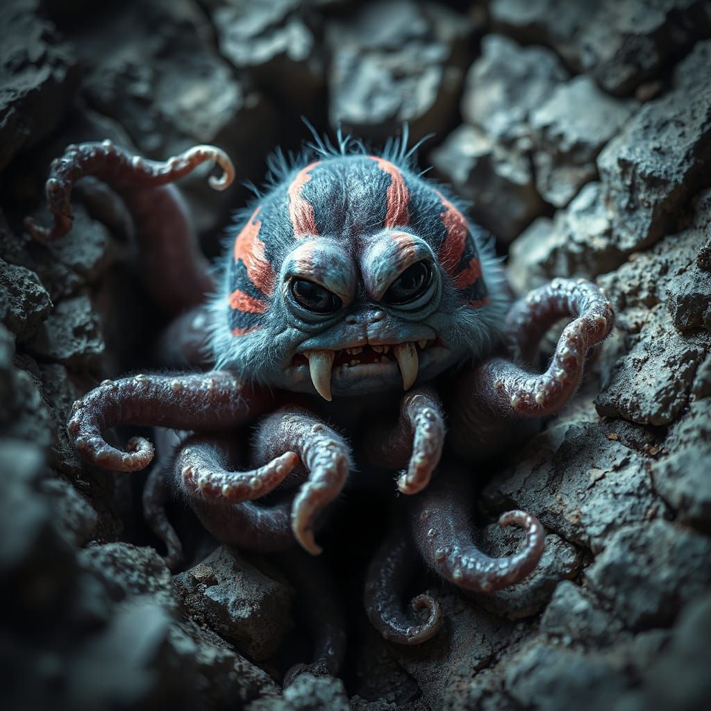 Creepy Cute Fluffy Creature With Neon Stripes and Tentacles