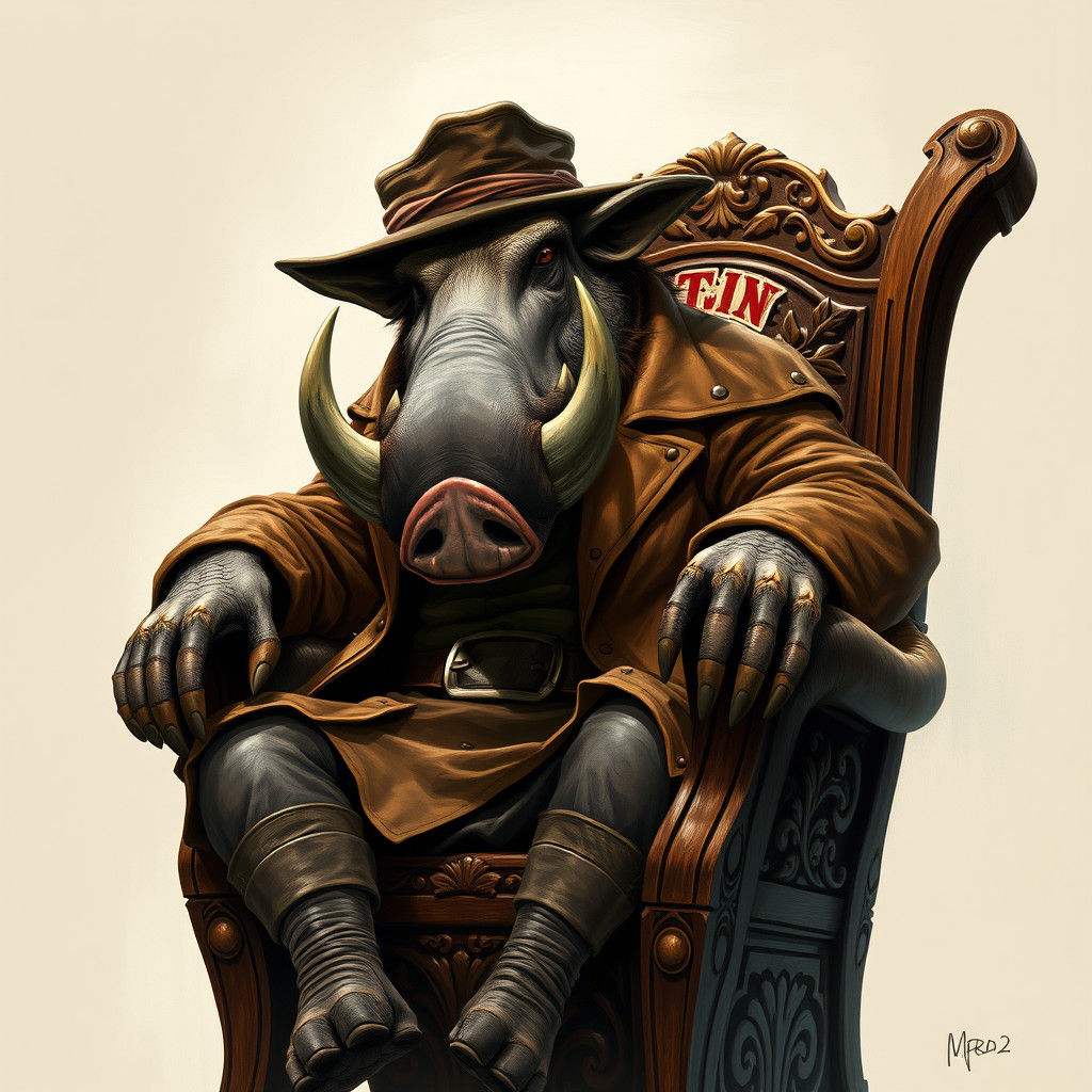 Warthog Humanoid in Ornate Chair: Gritty Fantasy Art