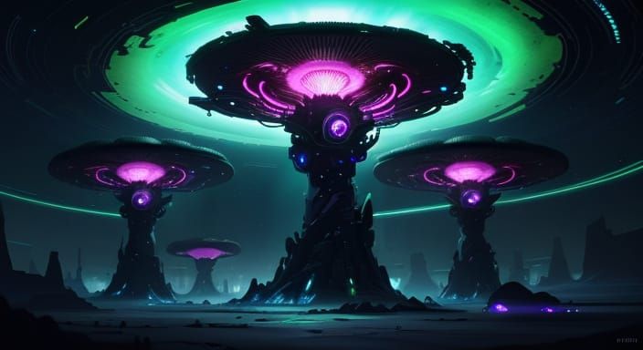 Bioluminescent Alien Landscape with Crashed Spaceship