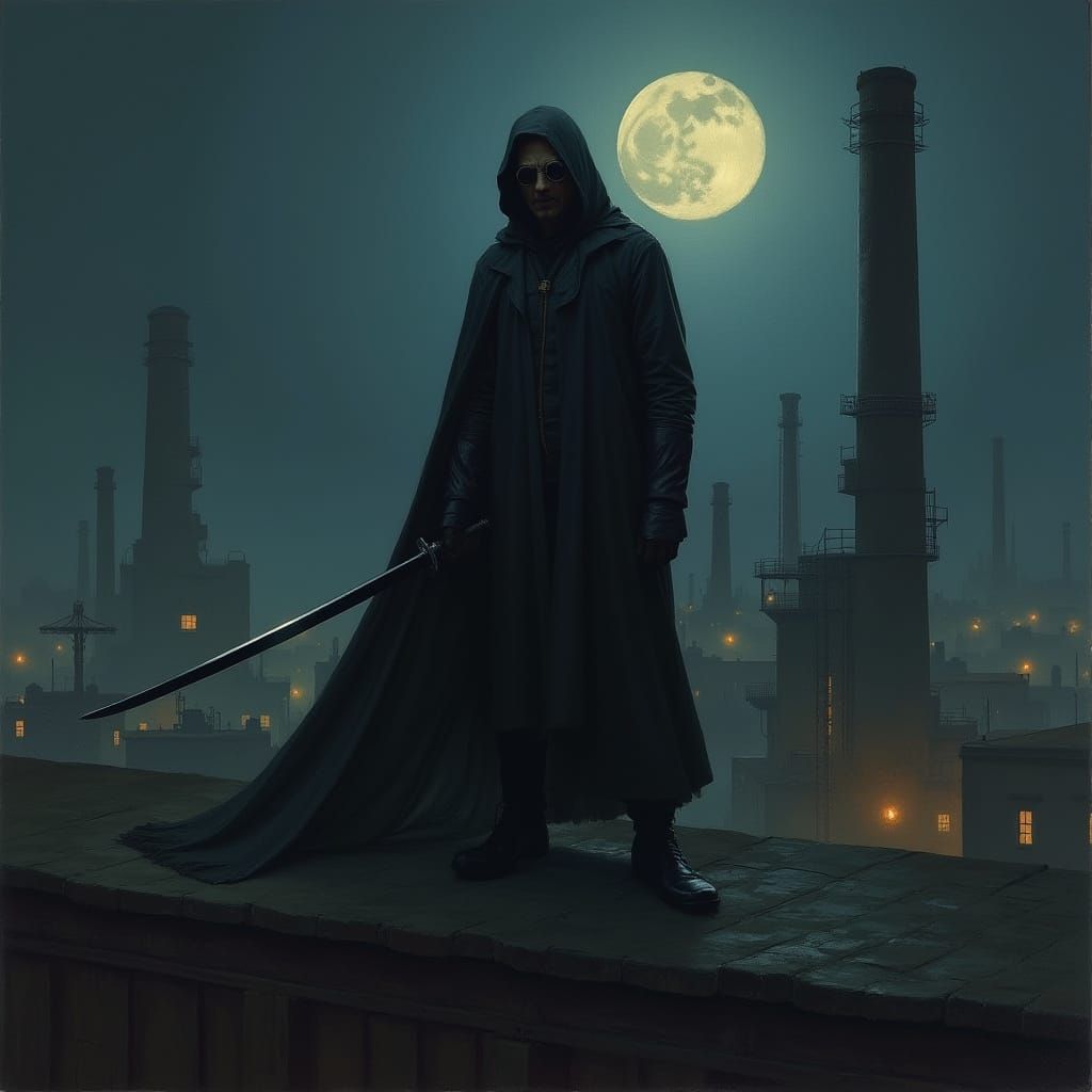 Vigilante on Factory Rooftop in Mysterious Oil Painting