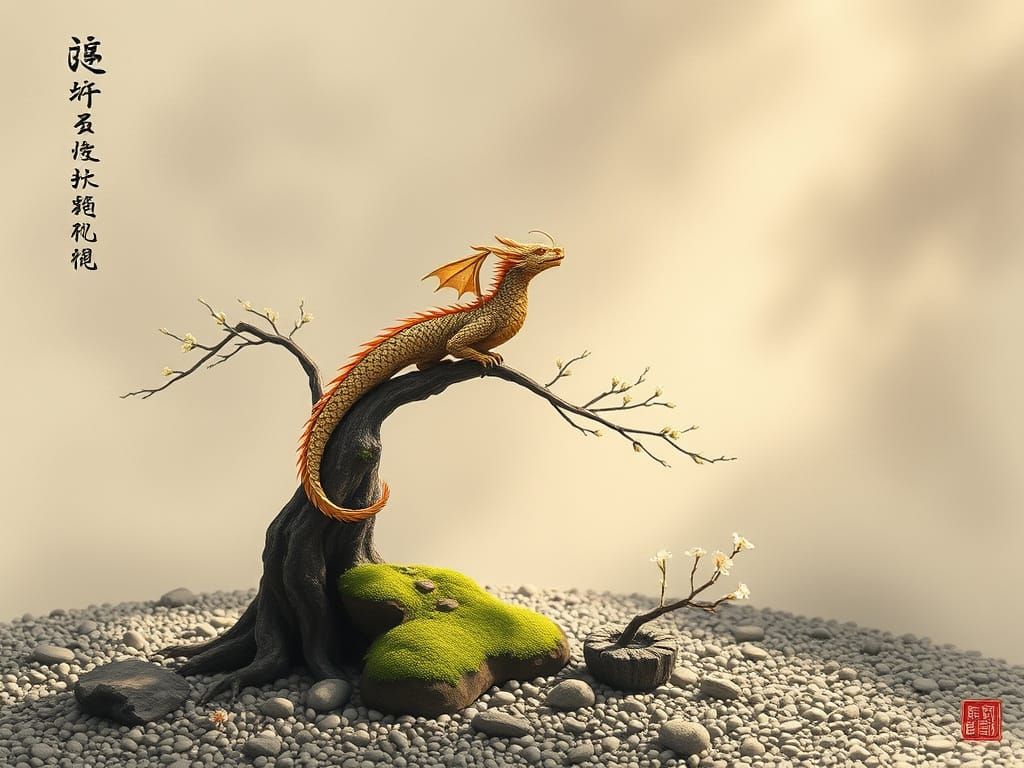 Golden Dragon on Bonsai, Chinese Ink Painting