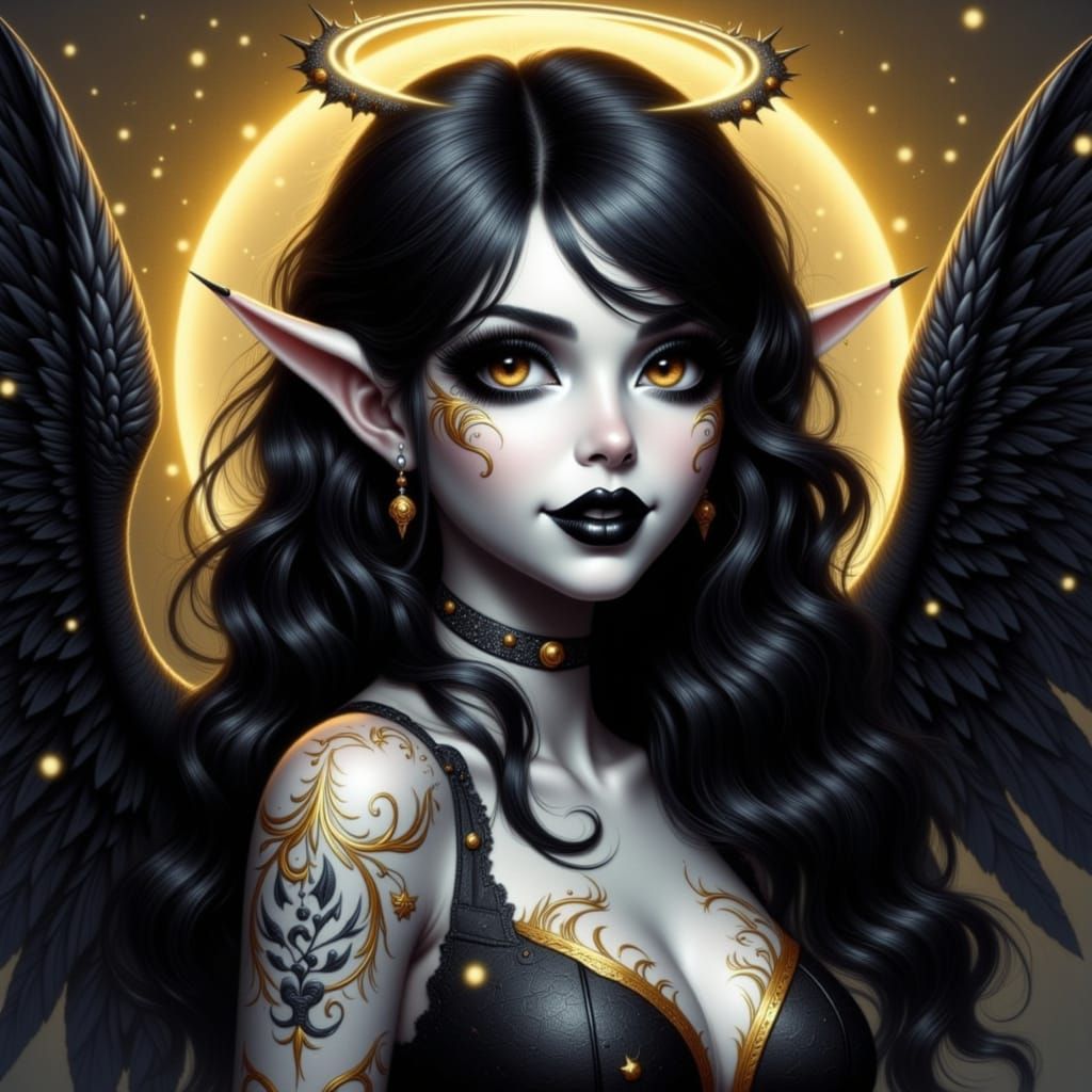 Mystical Woman with Black Wings and Golden Halo