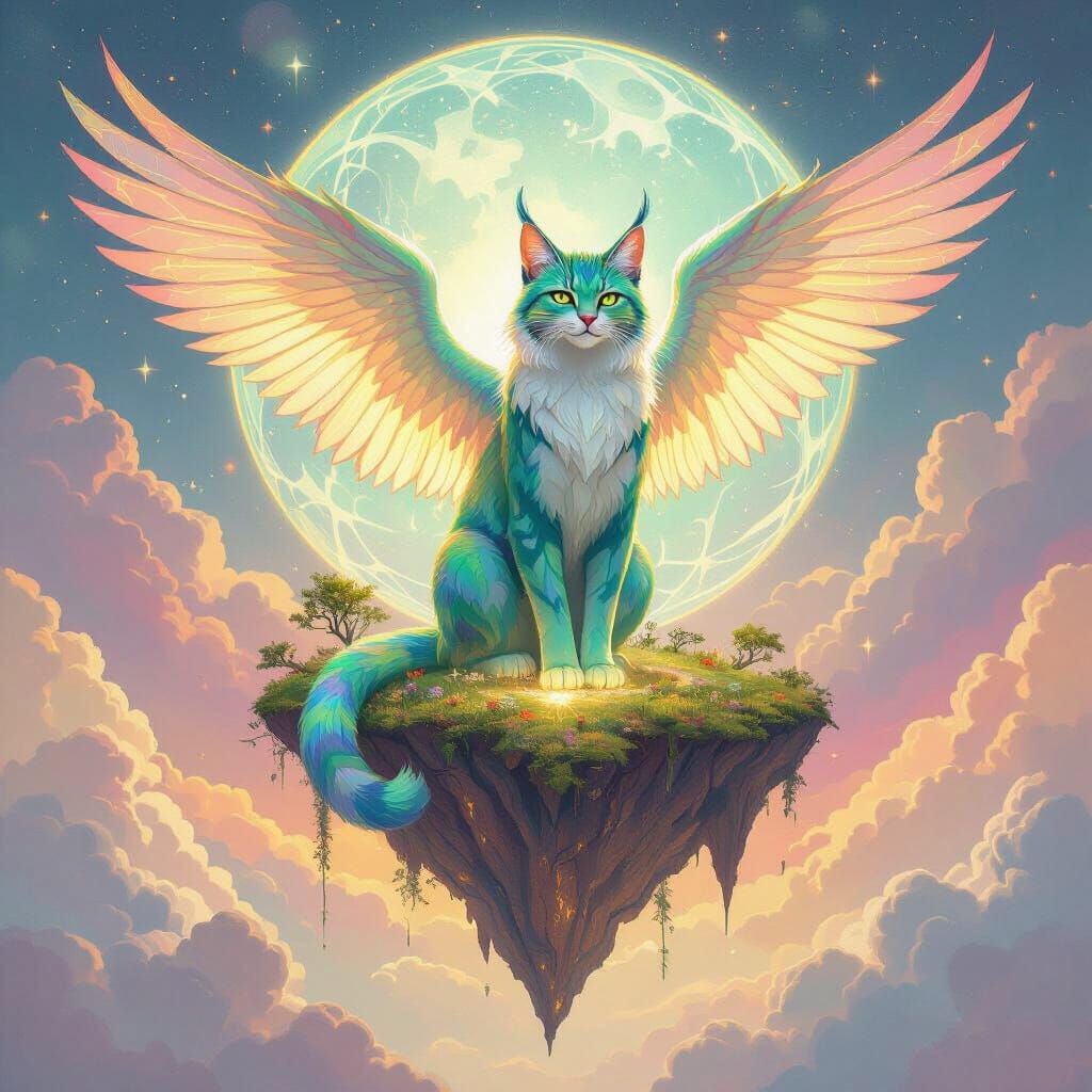 Bioluminescent Bobcat on Floating Island, Art Nouveau Style