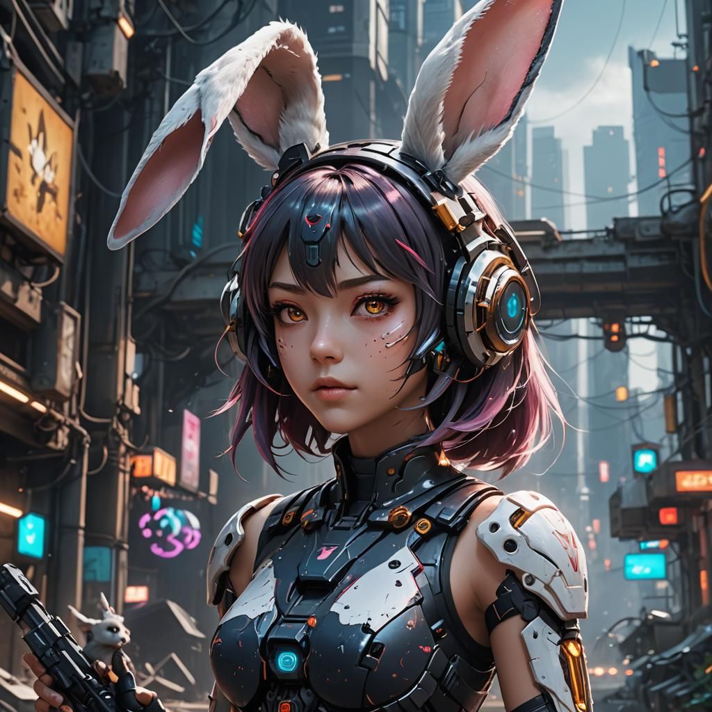 Anime Cyborg Bunny Girl in Detailed Matte Style
