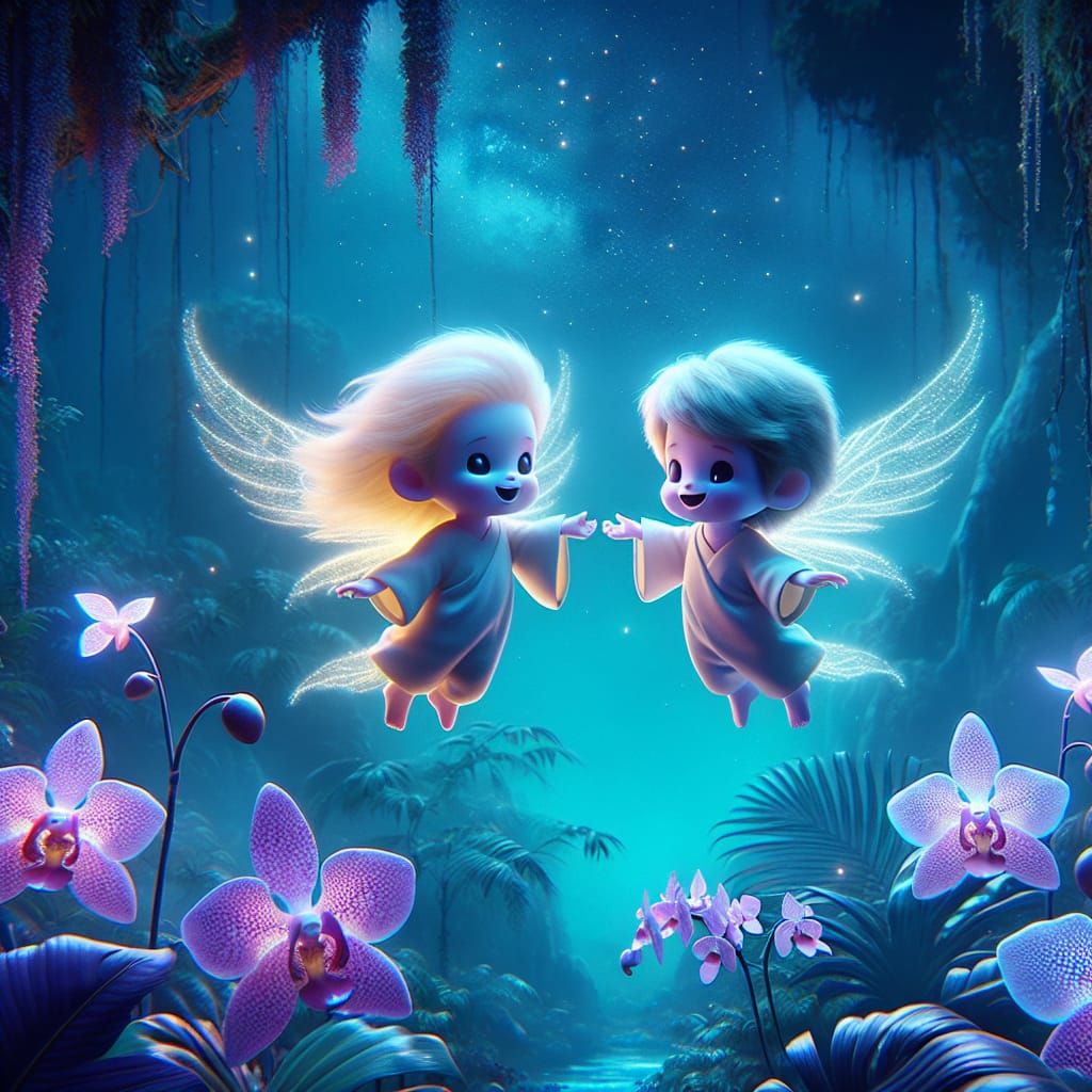 Laughing Ghost Angels in Dimly Lit Rainforest