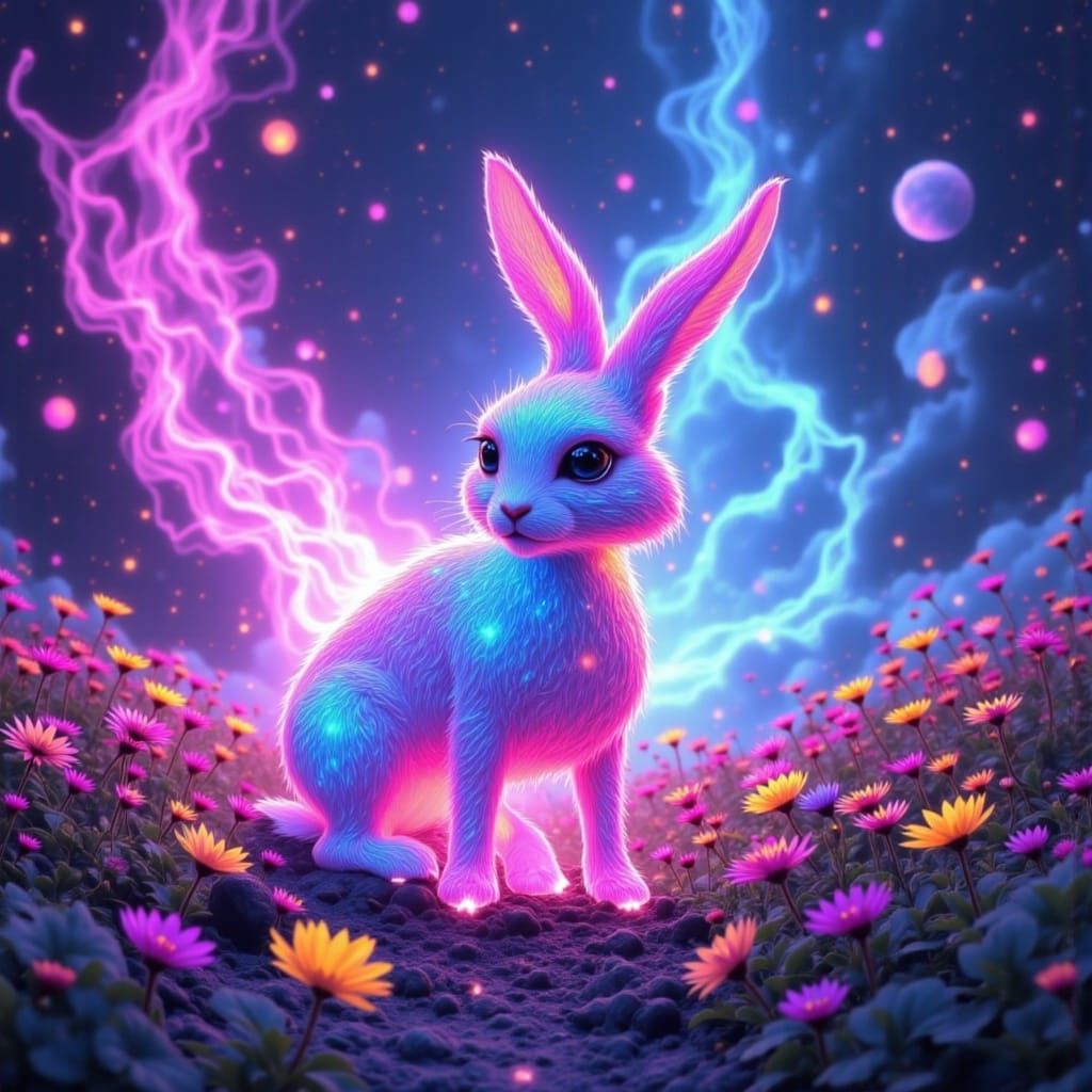 Iridescent Magic Bunny in Neon Meadow, Surreal Art