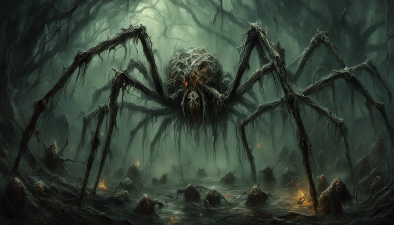 Giant Spiders of Mirkwood with Dwarves in Cocoons