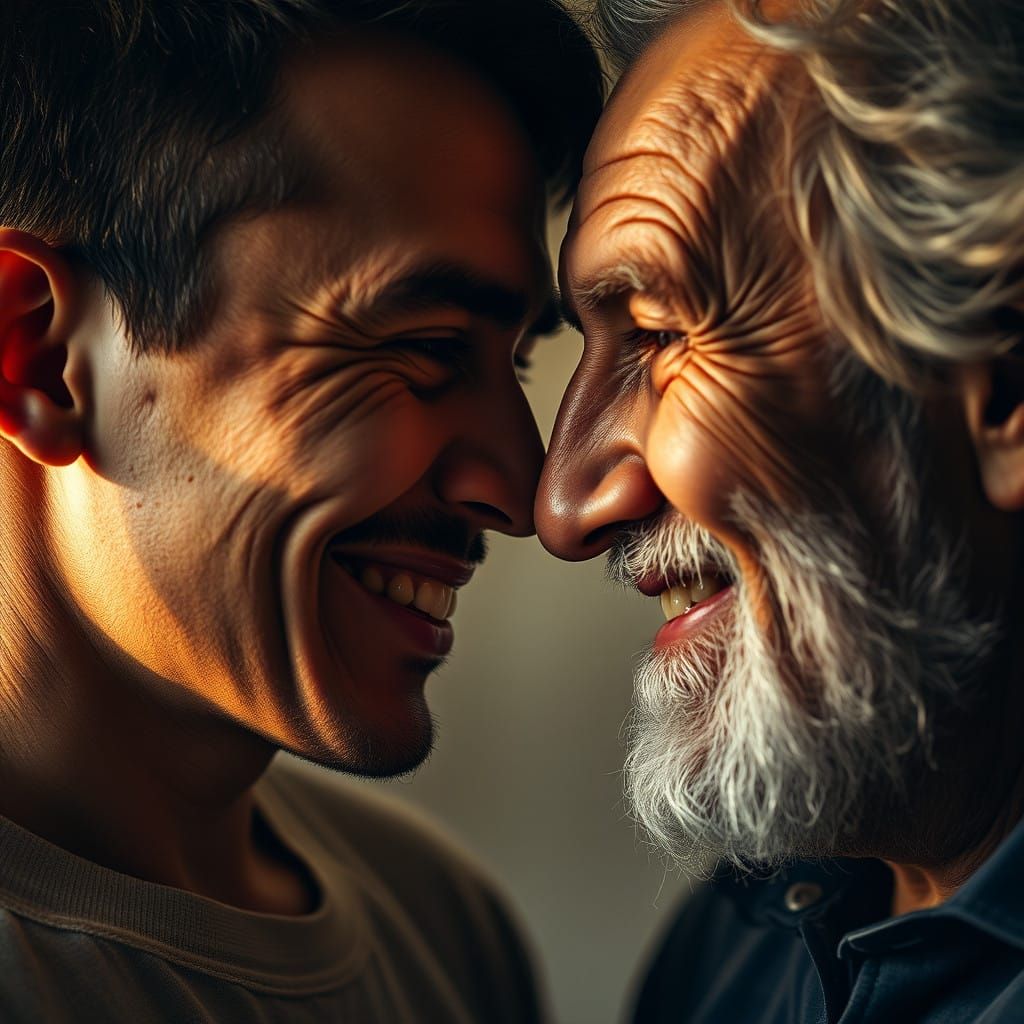 A Man's Reflection: Youth and Wisdom Unite in Warm Smiles