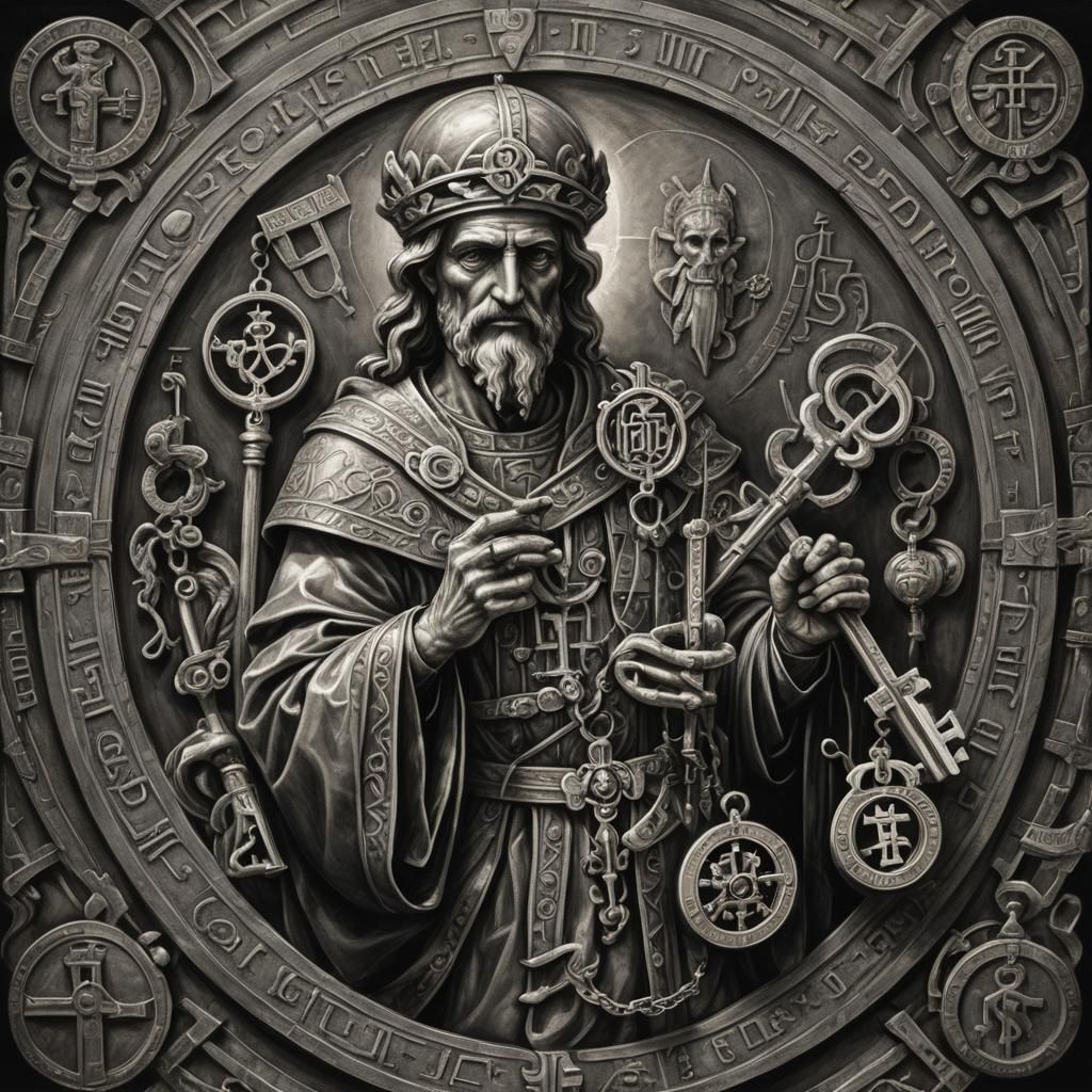 Hermes Trismegistus Charcoal Drawing with Mystical Keys