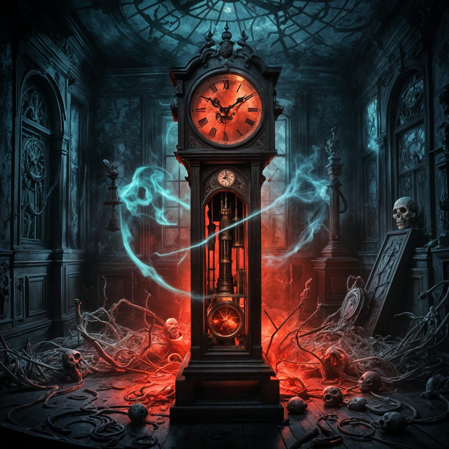Cursed Grandfather Clock in Gothic Horror Mansion