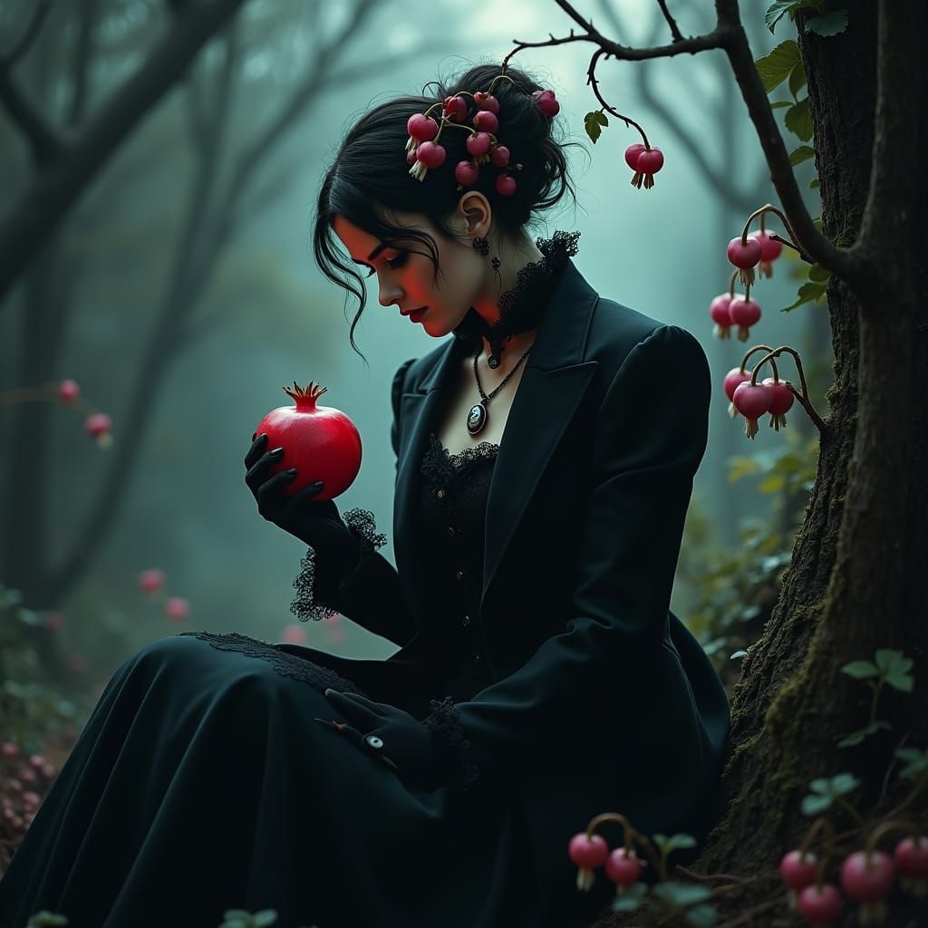 Mystical Victorian Woman with Pomegranate and Bleeding Heart...