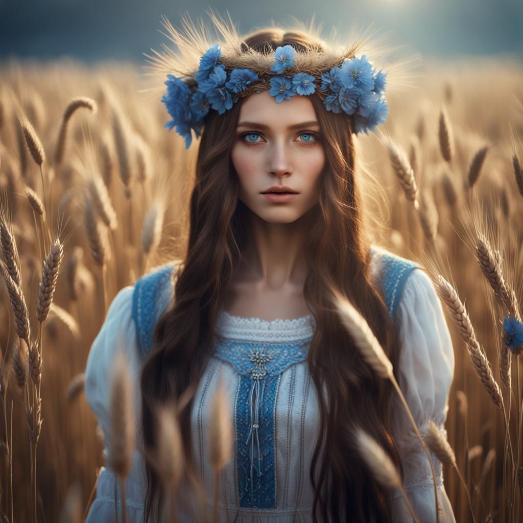 Slavic Girl in Wheat Field, Fantasy Style