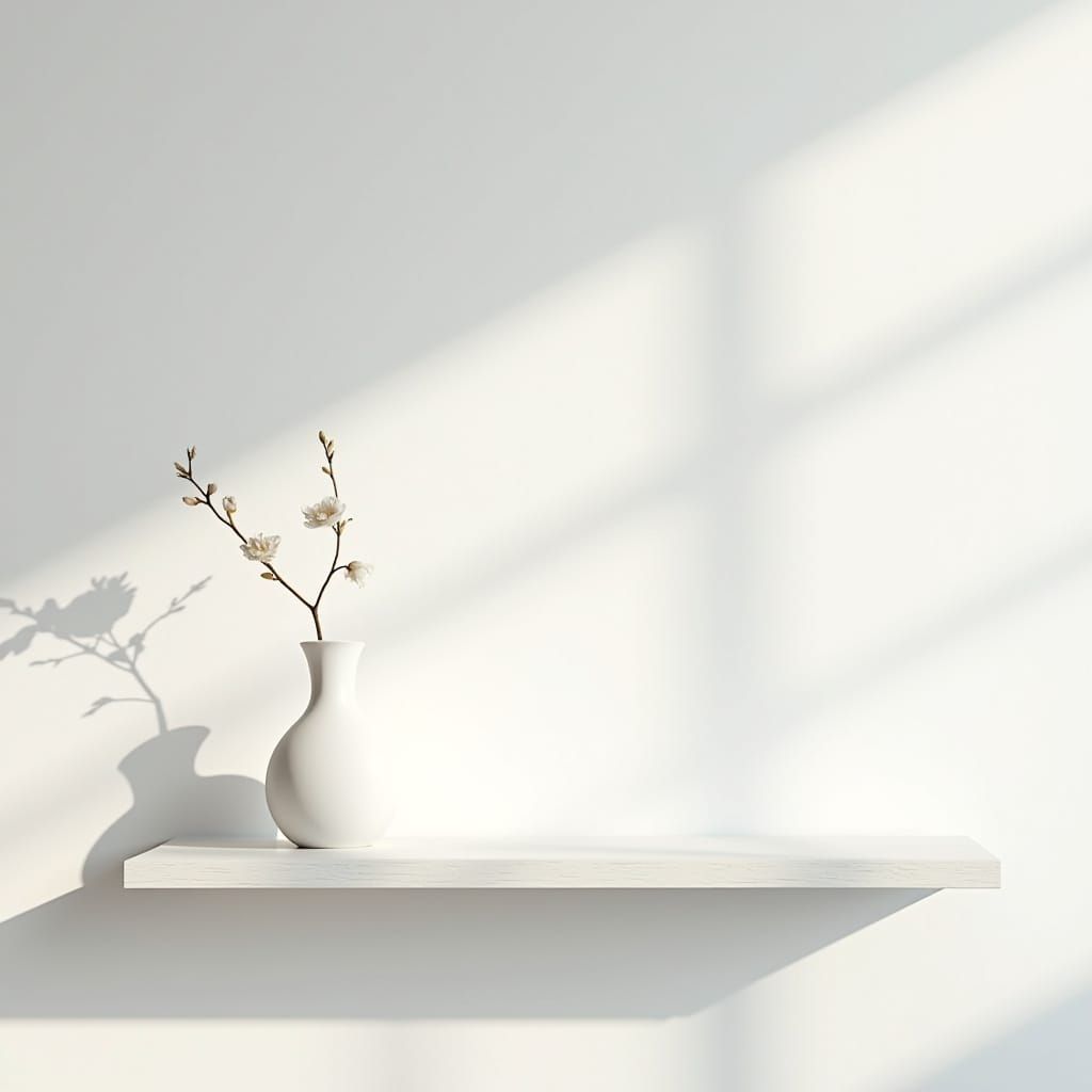 Minimalist White Shelf with Vase and Sunlight