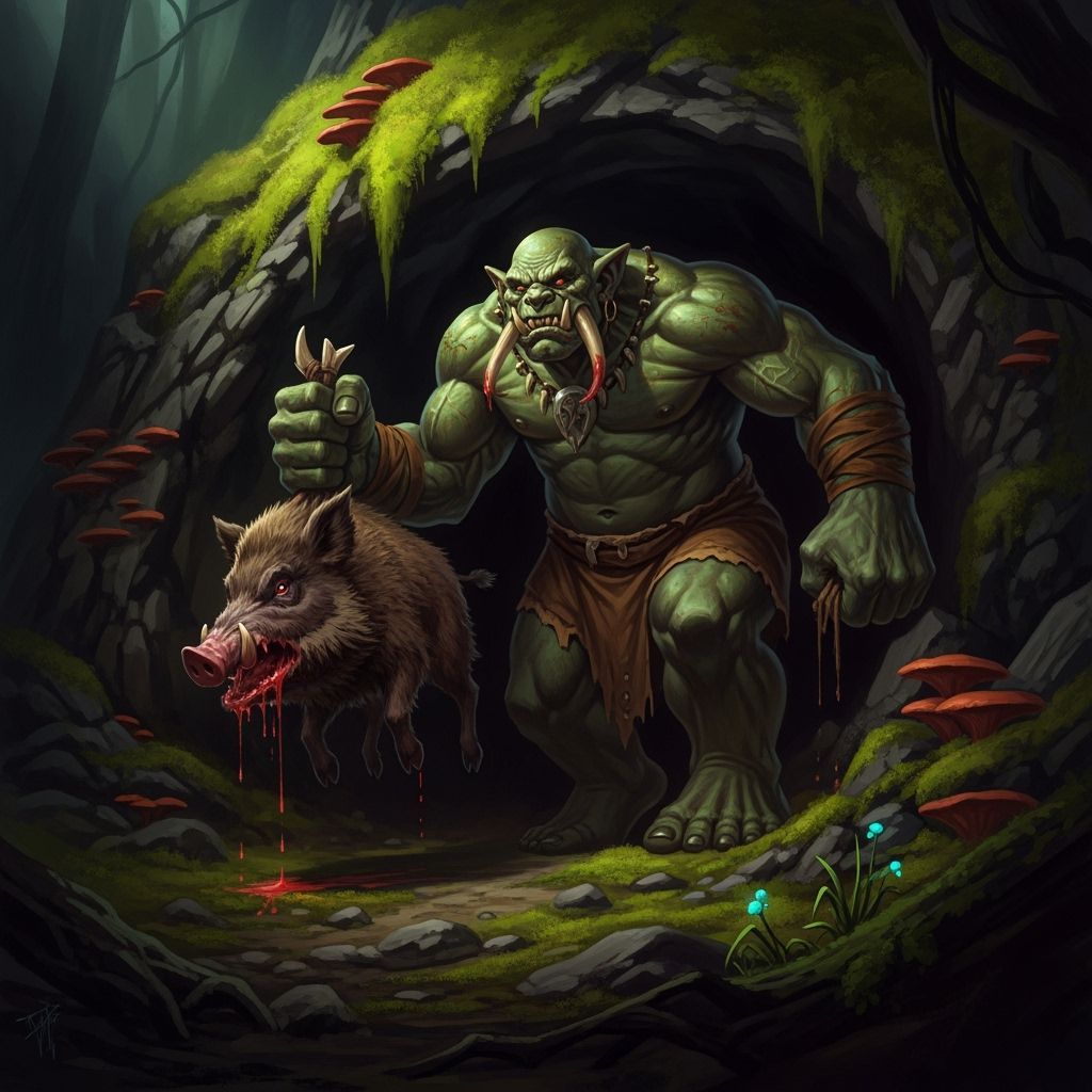 Troll walking out of cave, with food in his hand