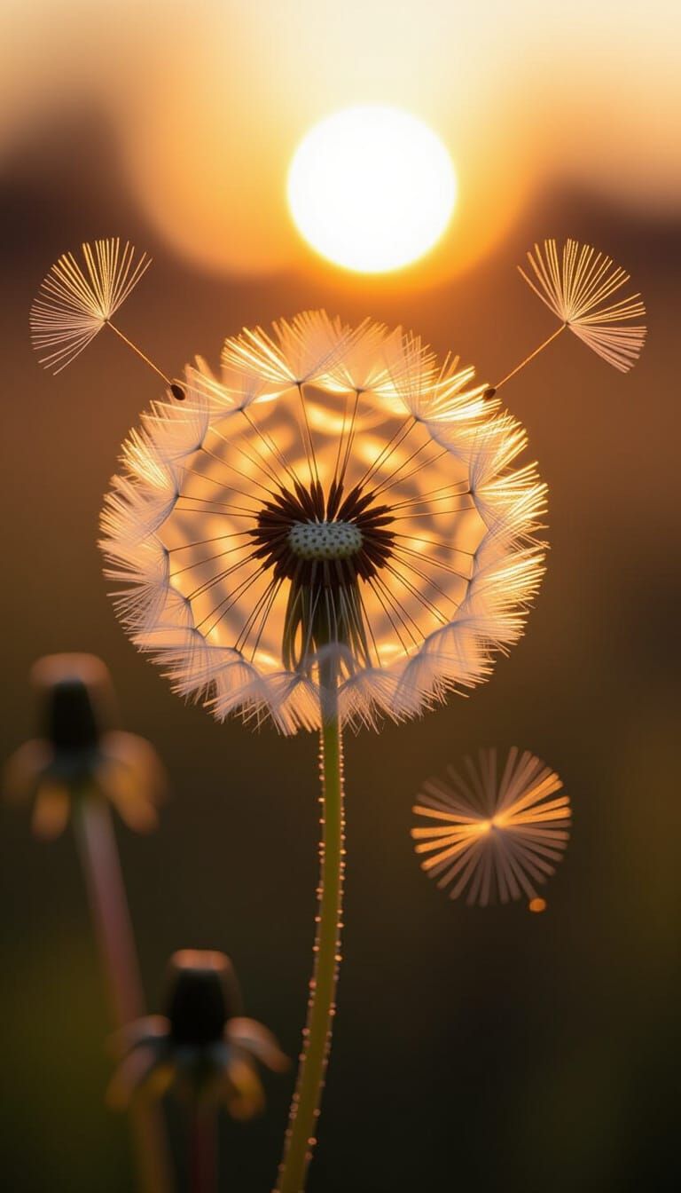 Dandelion Seed Drifting to Golden Sunrise