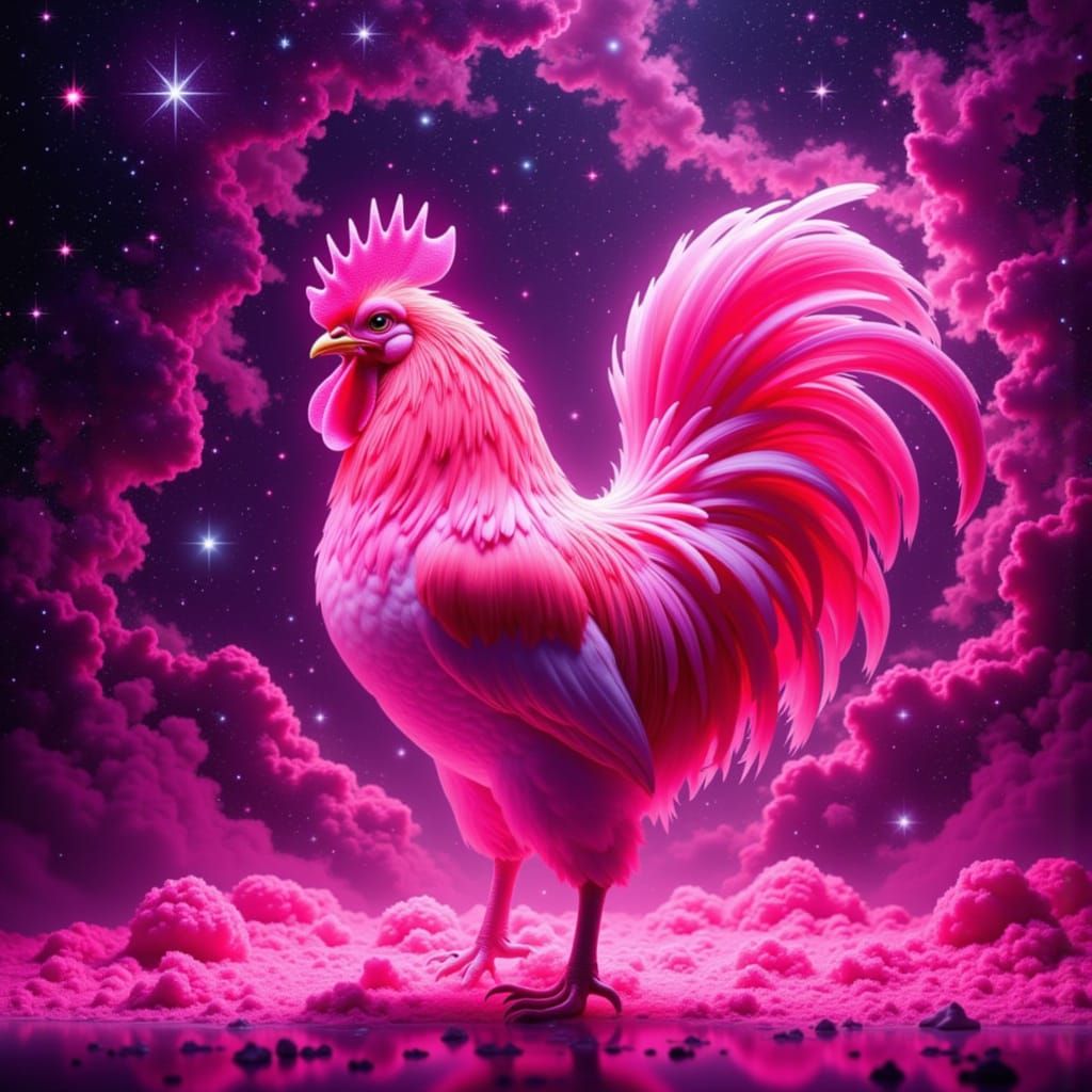 Vibrant Hot Pink Rooster in Starry Nebula