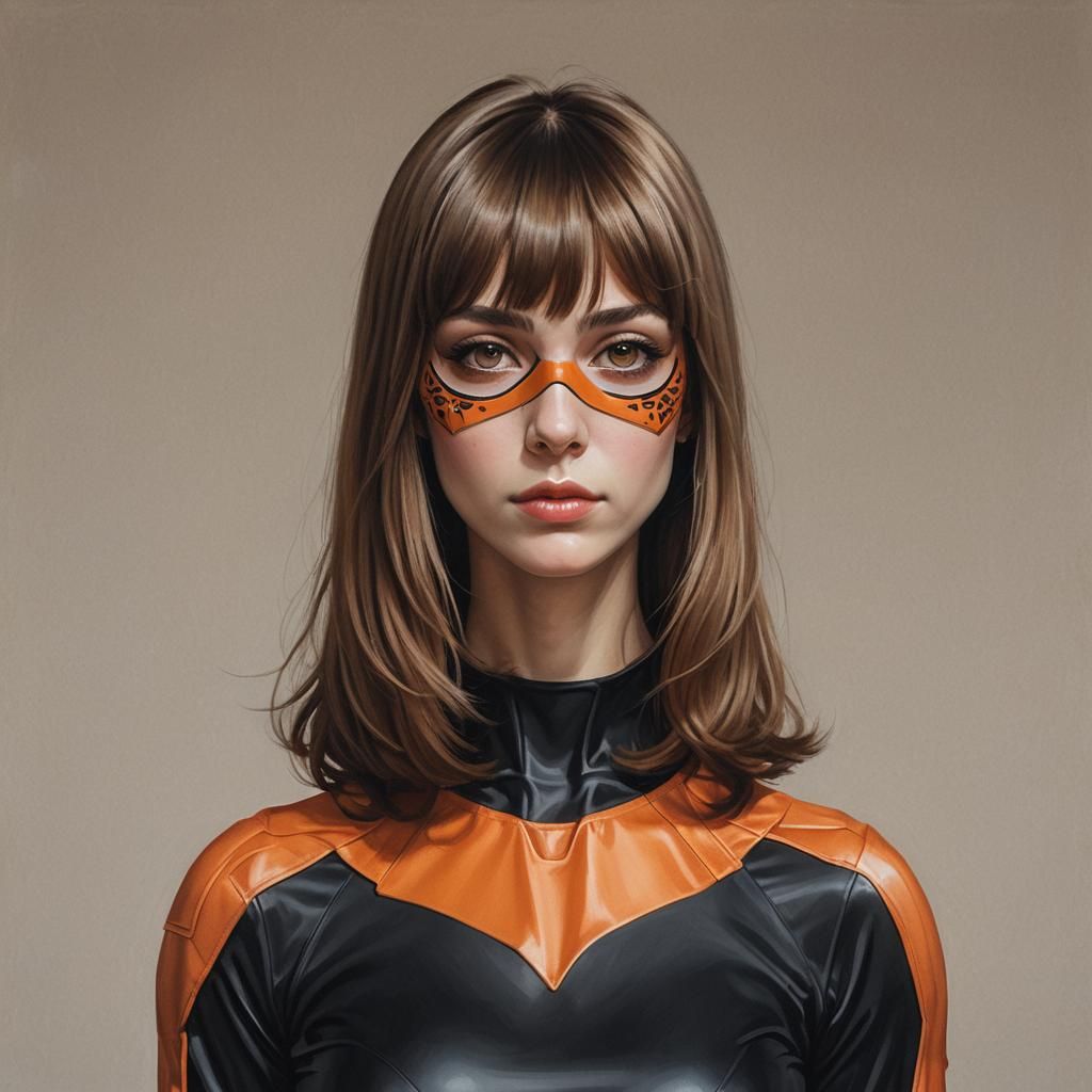 Superheroine Portrait with Orange Mask, Detailed Matte Paint...