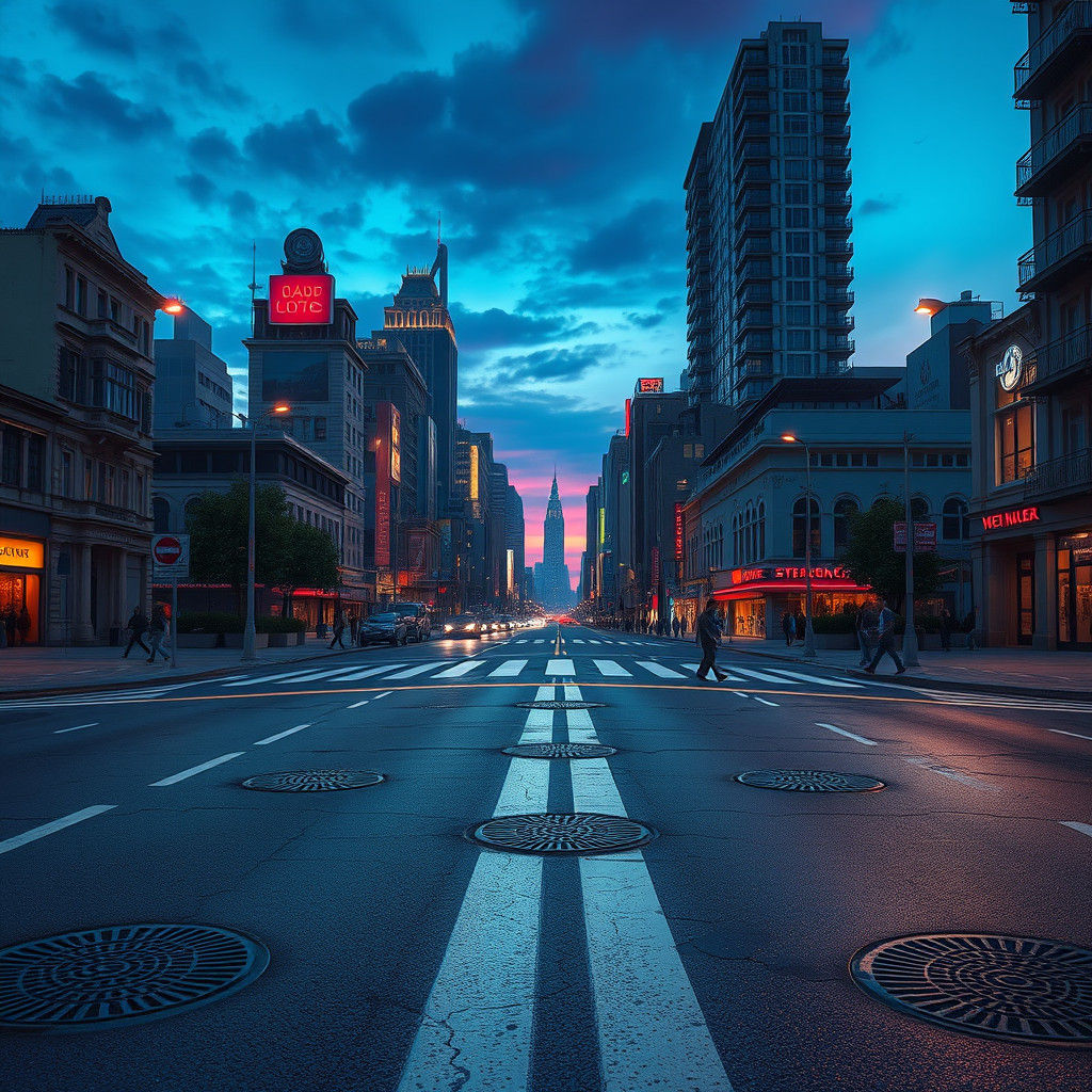 Metropolis City Street at Dusk in Fantasy Concept Art Style