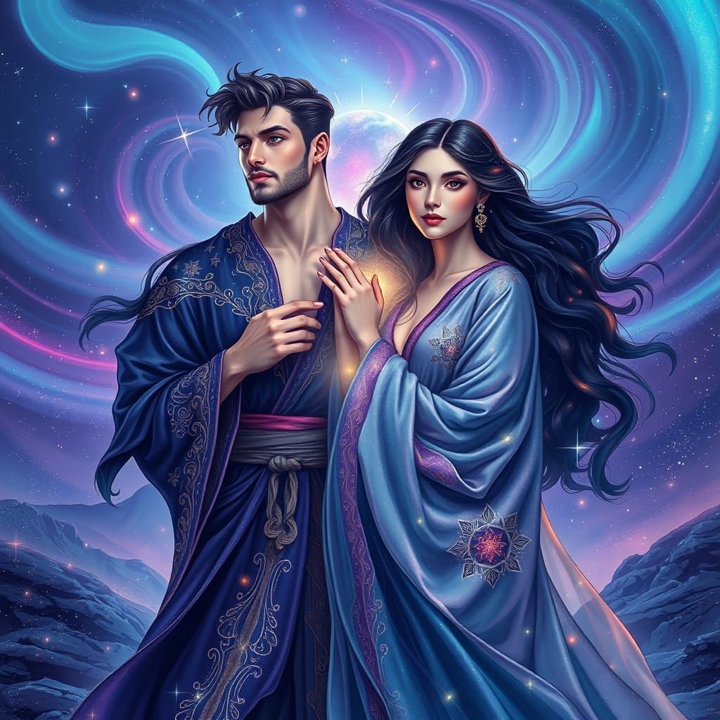 Ethereal Cosmic Couple Surrounded by Swirling Lights