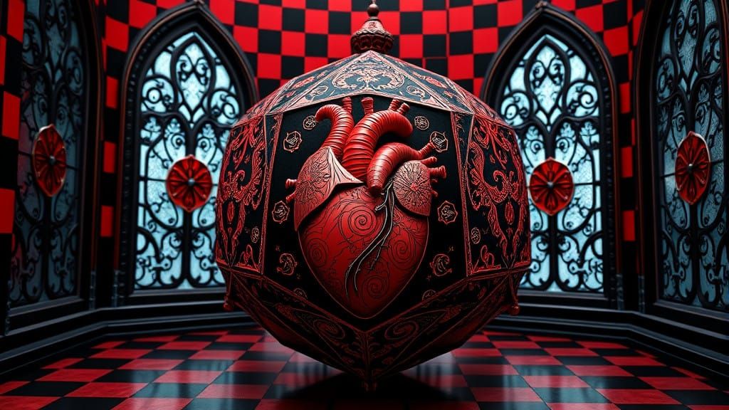 Gothic Heart Dodecahedron in Vibrant Hyper-Realism