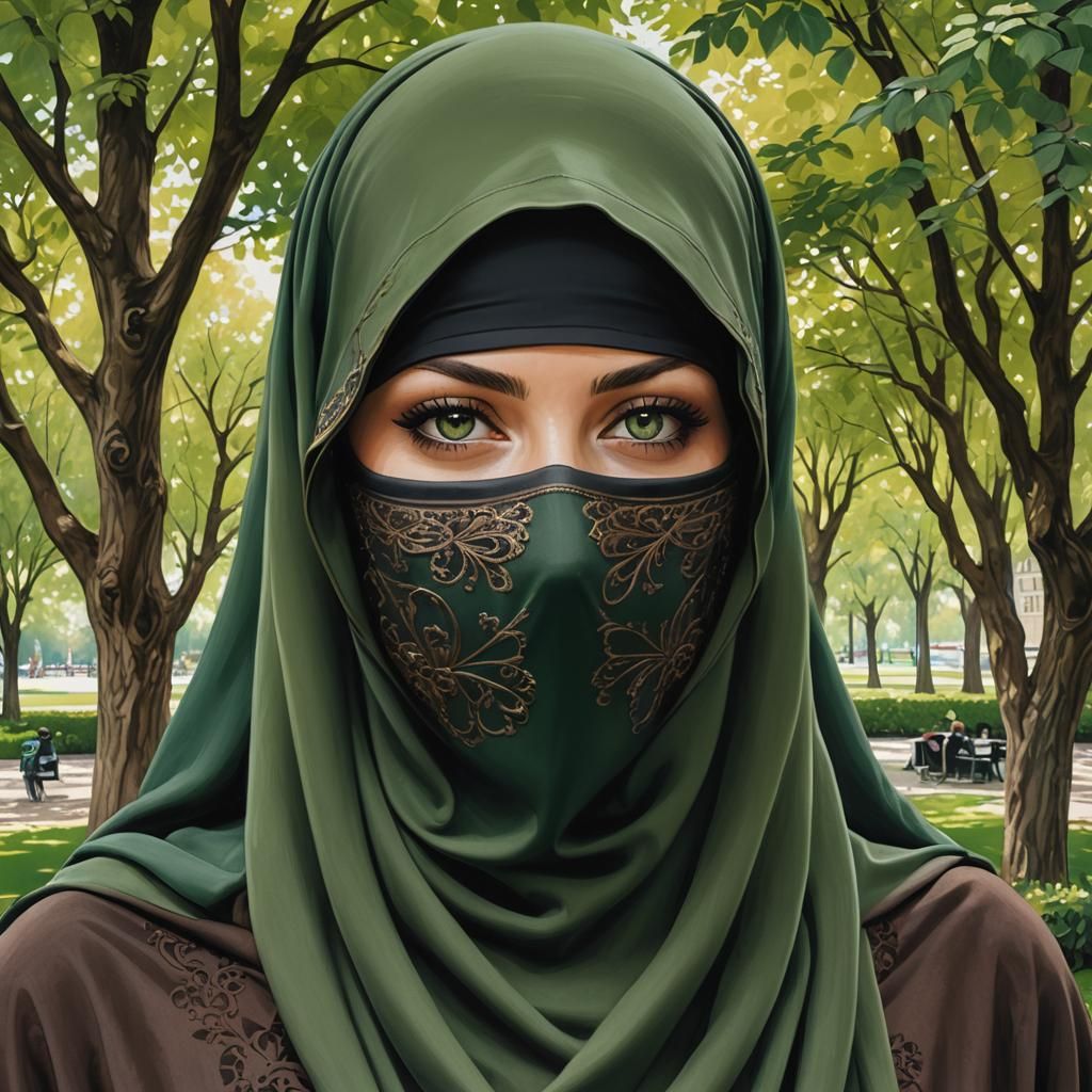 Beautiful Niqabi Woman Portrait in City Park