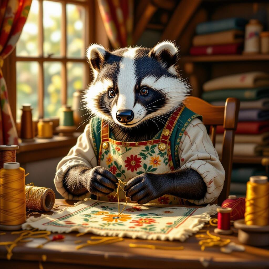 Badger Tailor Stitching Tapestry in Sunlit Workshop