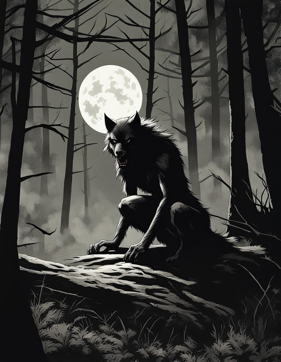 Female Werewolf in Shadowy Forest, Noir Style