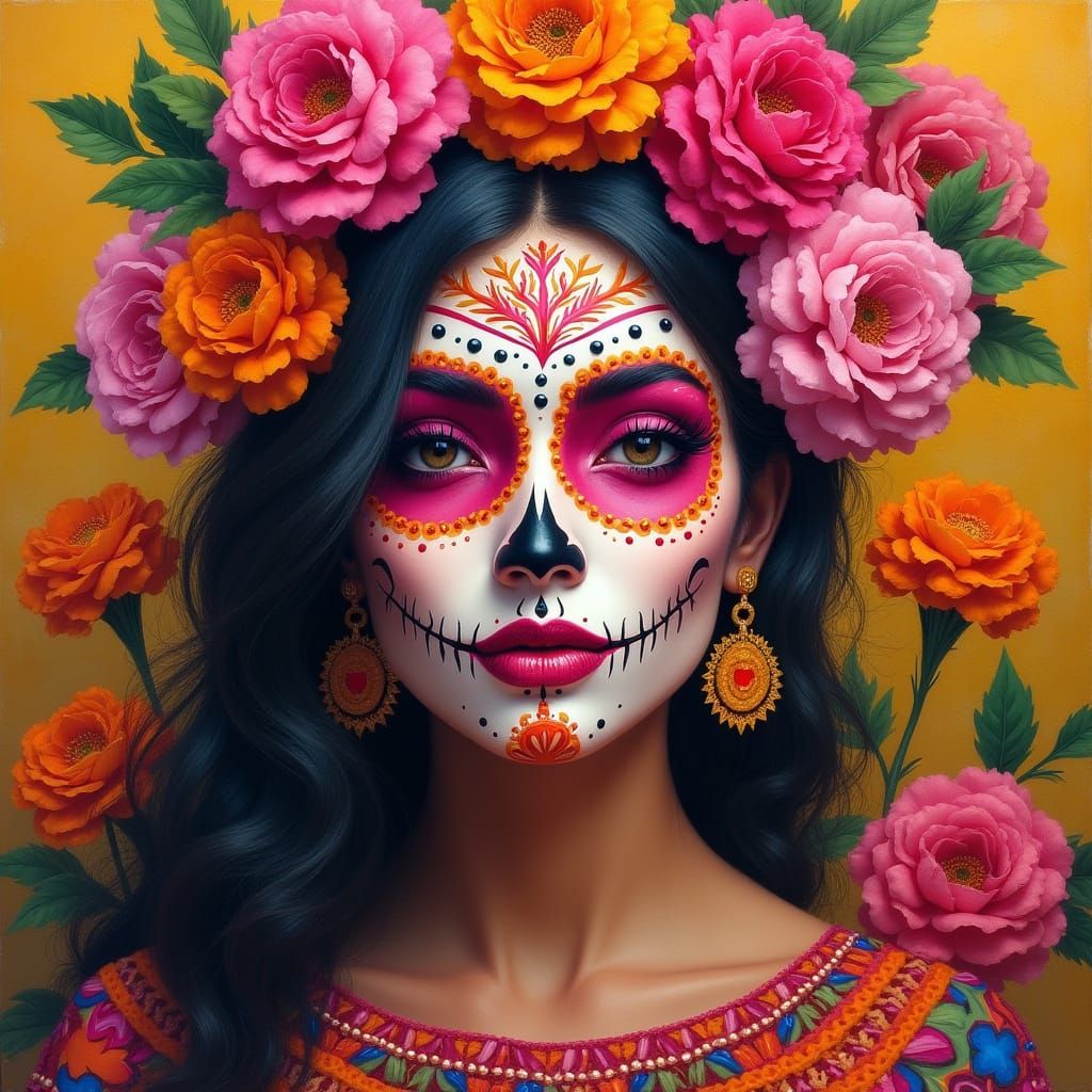 Vibrant Dia de los Muertos Celebration in Whimsical Oil Pain...