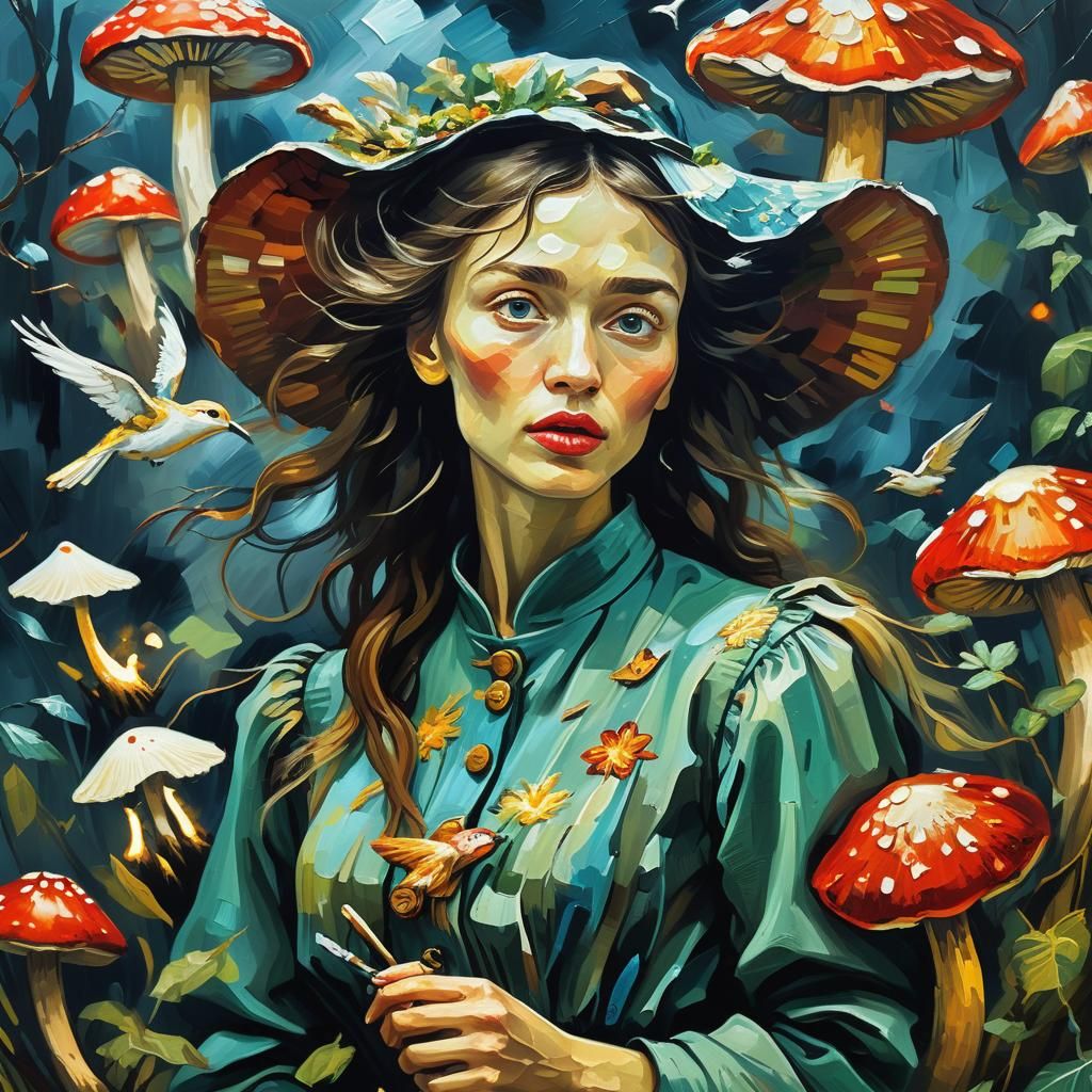 Woman Soaring Over Mushroom Jungle as Impasto Painting