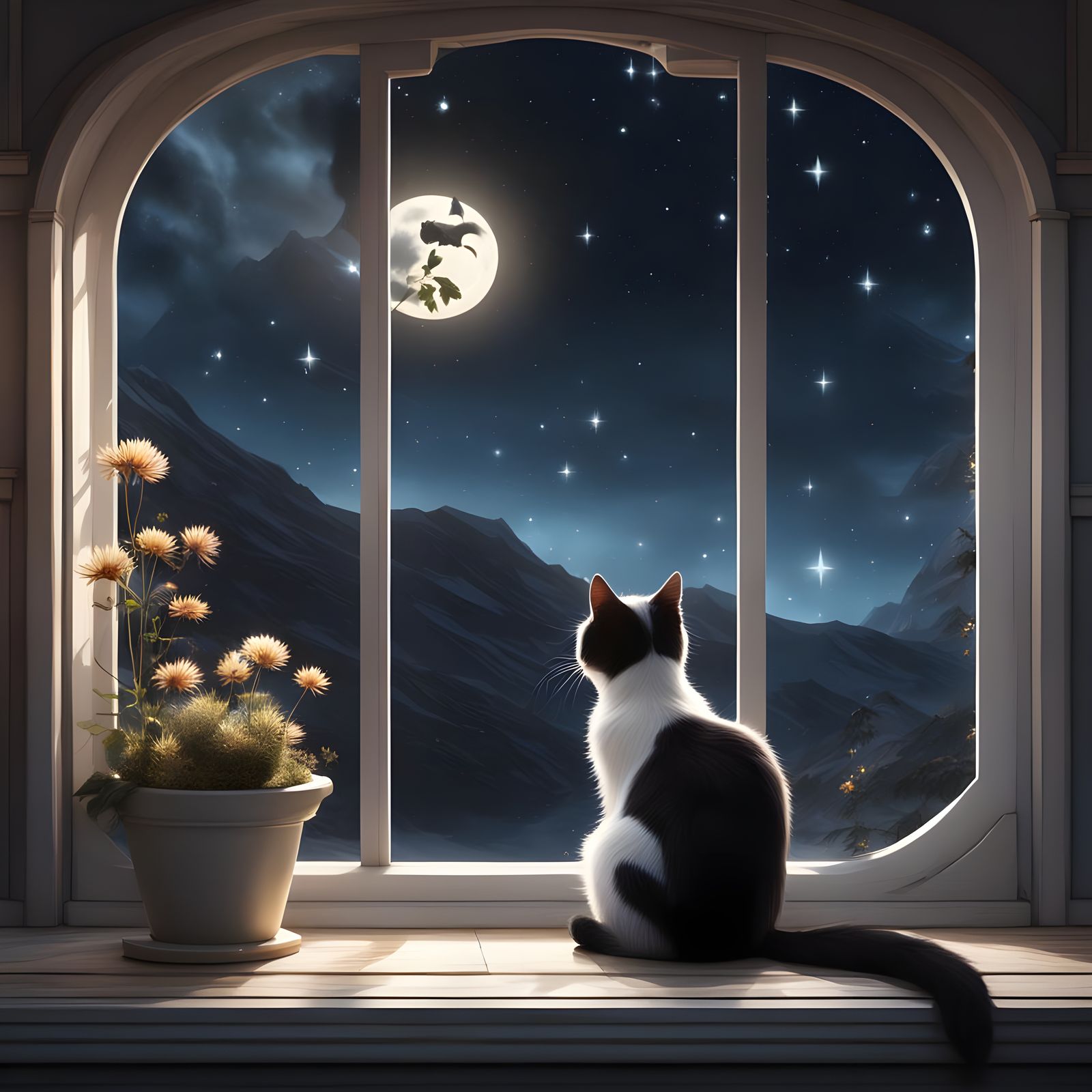 Cat Gazing at Moon: Detailed Matte Painting